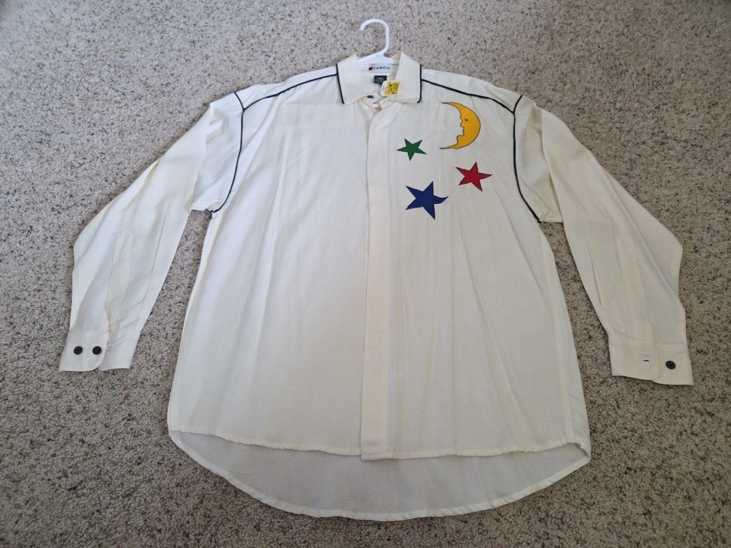 Vtg 80’s New W/ Tags Camicia Tag Rayon Button Up Embroidered Moon Stars Colorful