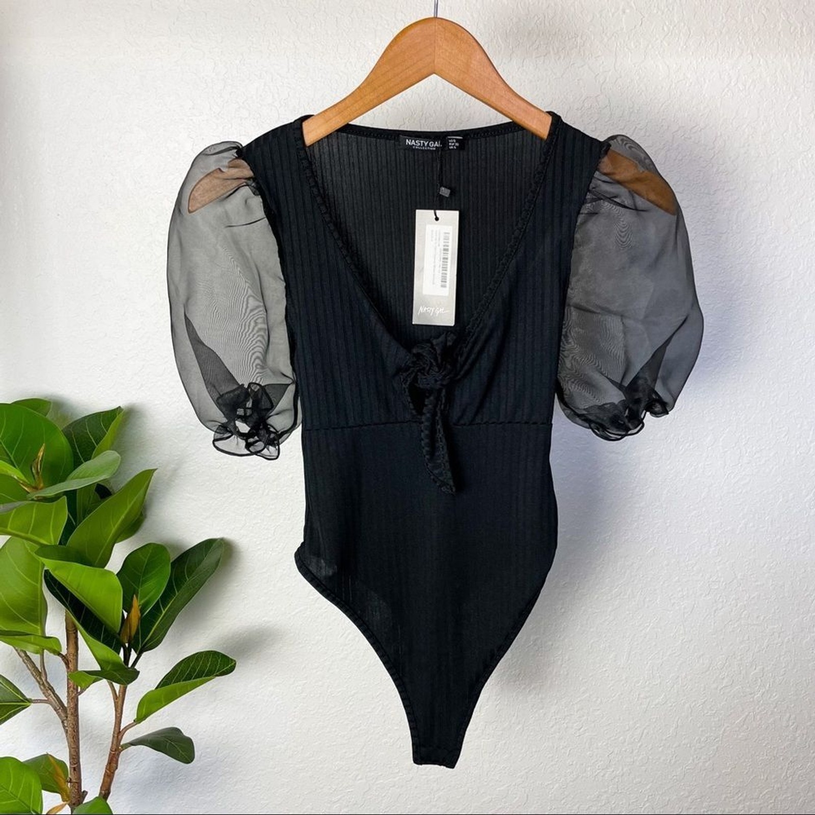 New Nasty Gal Black Sheer Mesh Puff Sleeve Ribbed Bodysuit Whimsigoth Size 8