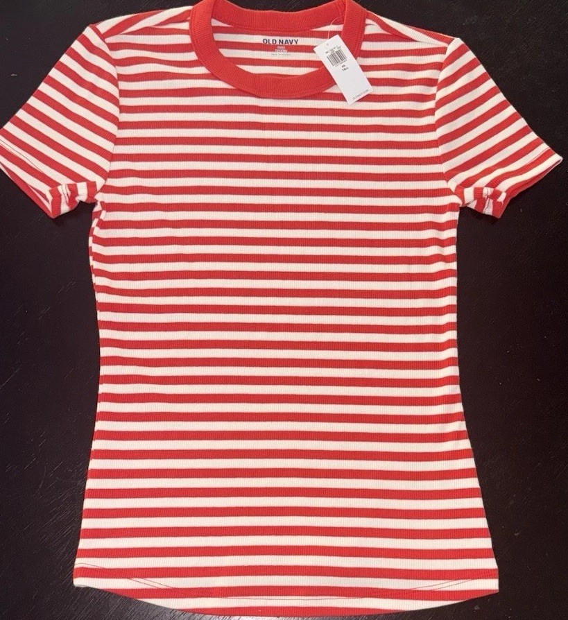 NWT Old Navy Rib Knit Short Sleeve Shirt Women’s XS Tall Red & White Striped NEW
