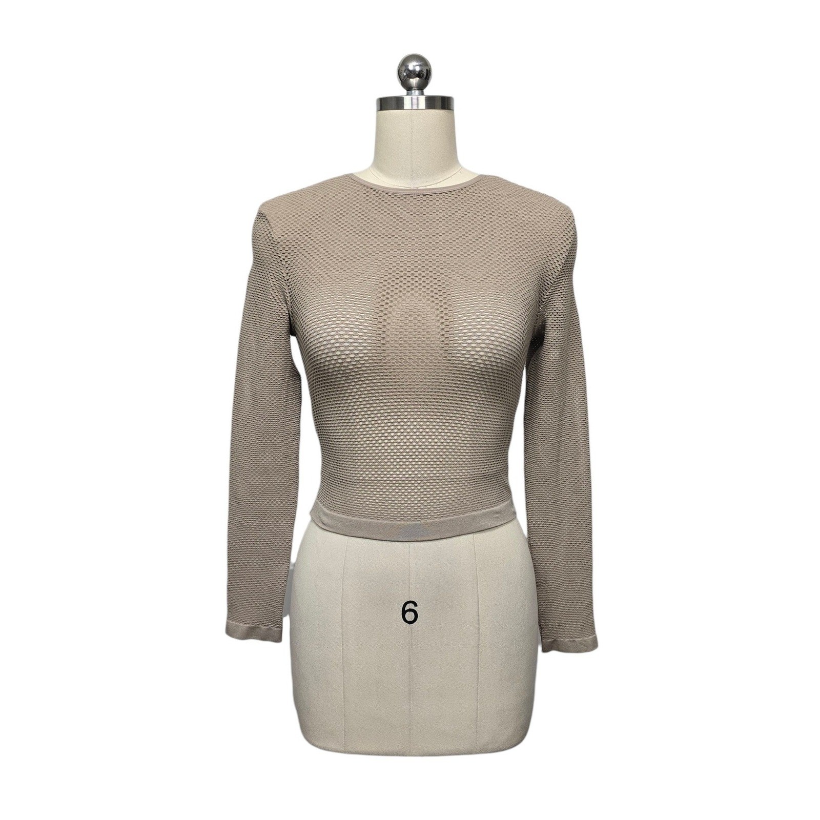 House of CB London Taupe Mesh Long Sleeve Cropped Top XS/S Honeycomb Textured