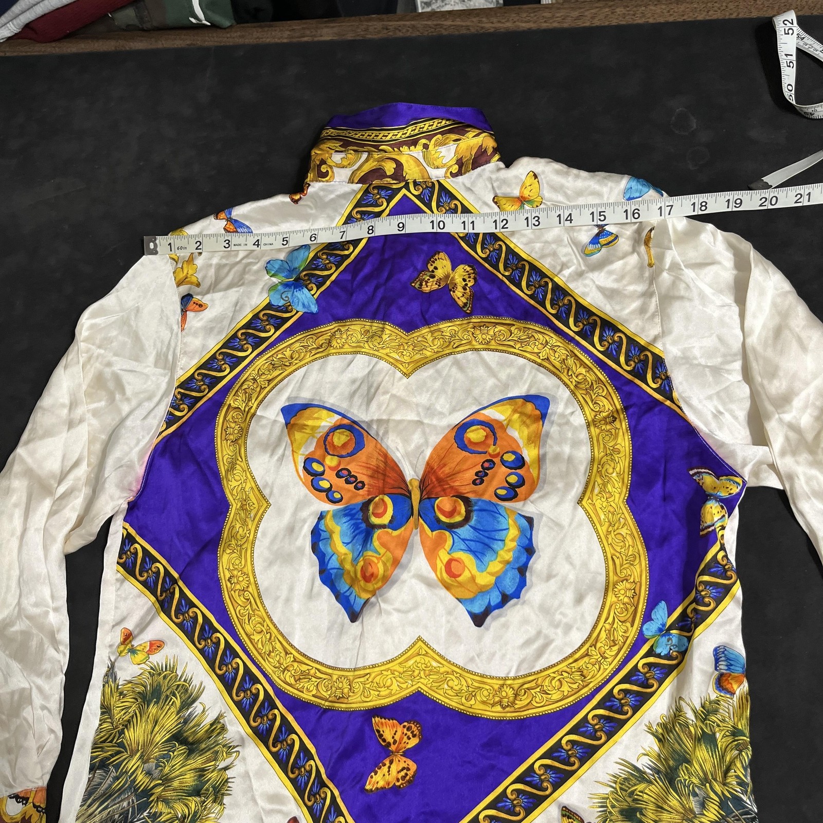Vintage Silk Butterfly Tunic Italy Gianna Shirt Small 1980s Versace Gucci Button