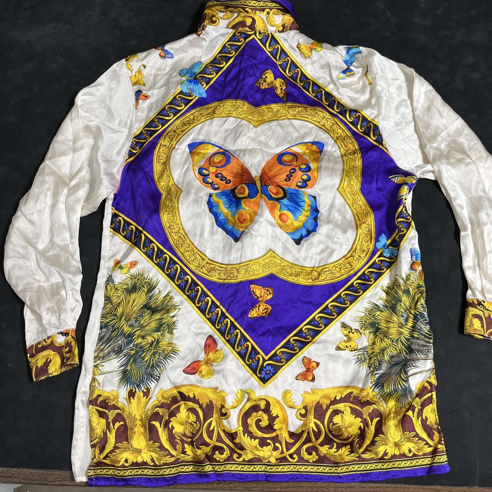 Vintage Silk Butterfly Tunic Italy Gianna Shirt Small 1980s Versace Gucci Button