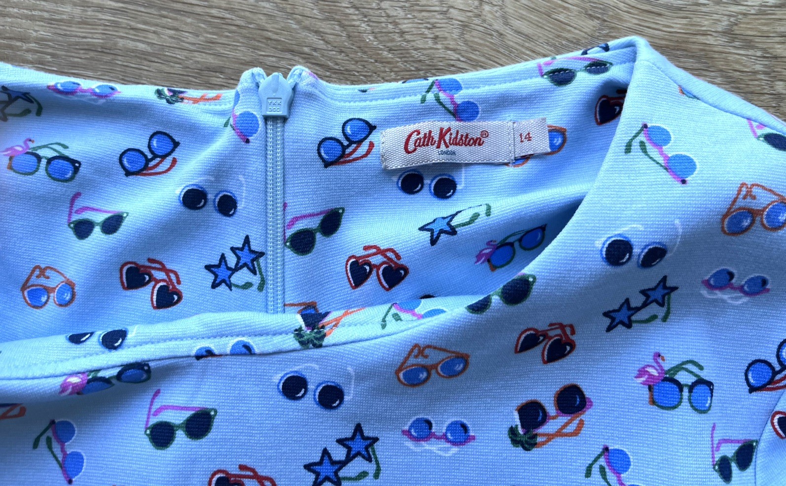 Cath Kidston T-Shirt UK12 Blue Sunglasses Print Flared Short Sleeves