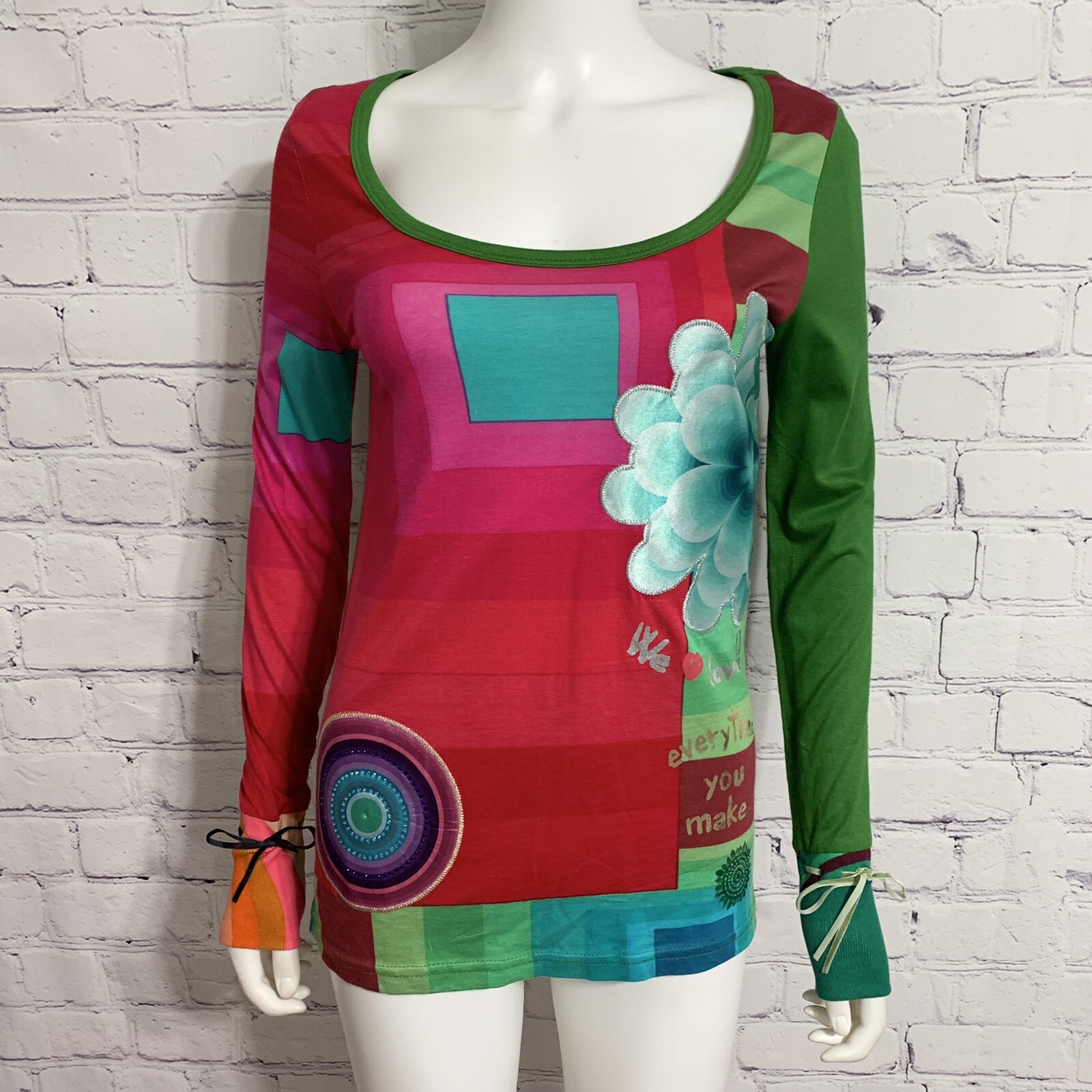 Desigual Women’s Blouse M Pink Green Long Sleeve Geo Floral Tie Long Sleeve New