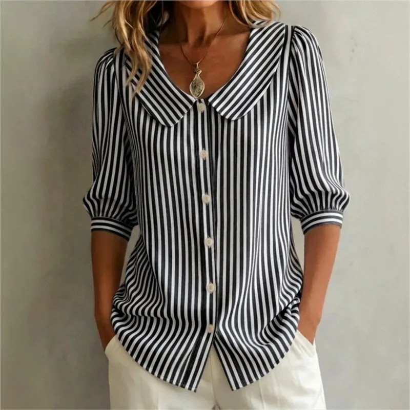 Summer Casual Women Striped Printed Blouse Turn Down Collar Half Sleeve Shirts