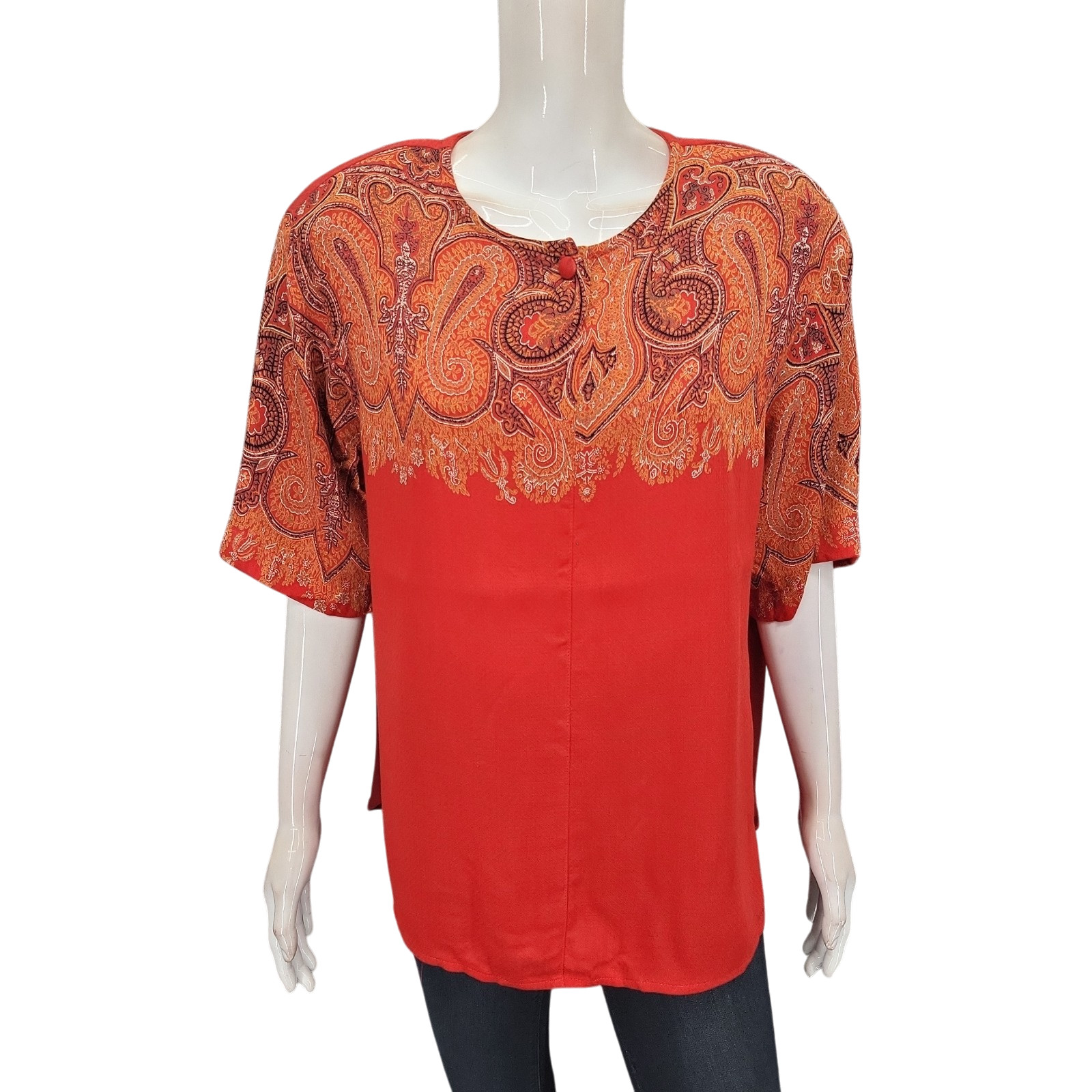 Vintage Carole Little Womens Red Orange Paisley Print Top Short Sleeves Size 12