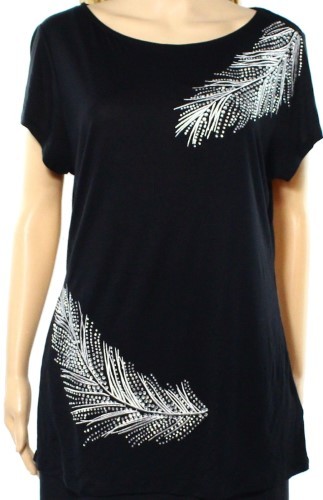 INC International Concepts Embellished Feather Scoop Neck Top Shirt, XS Black