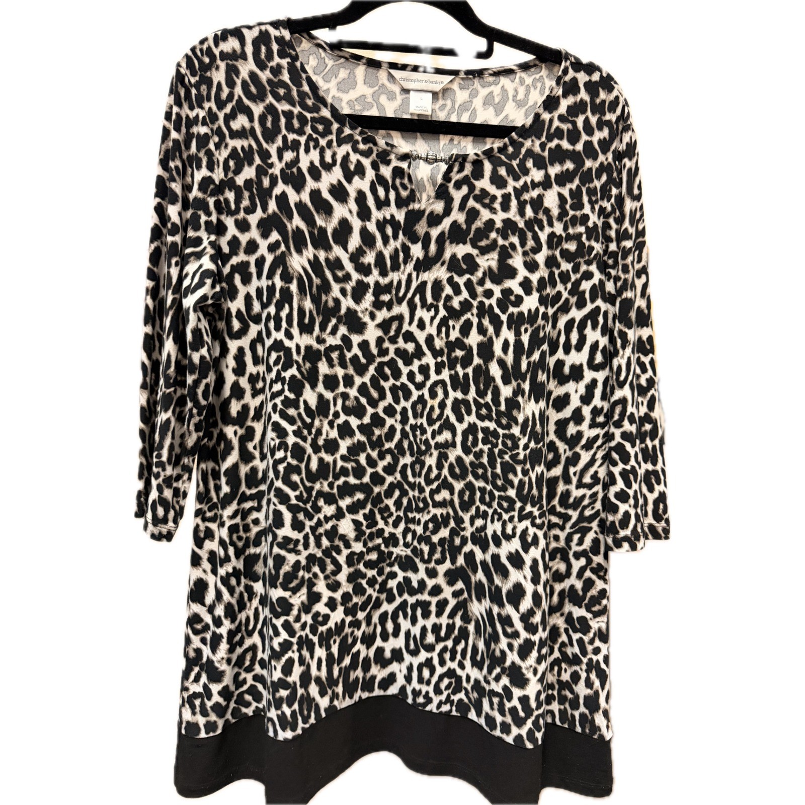Christopher & Banks Leopard Print Tunic Top Black White 3/4 Sleeve Large