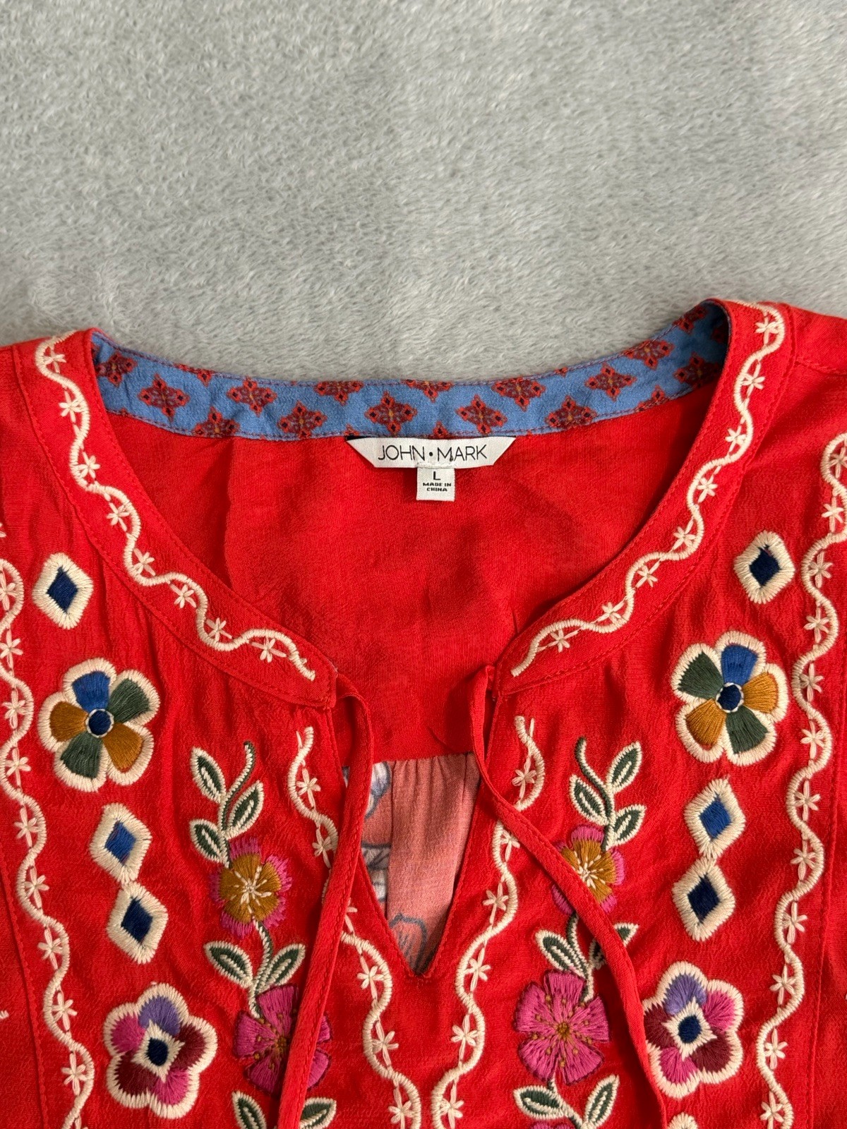 John Mark Embroidered Tie-Front Multi-Print Tunic Spice Red Blue Boho Size Large
