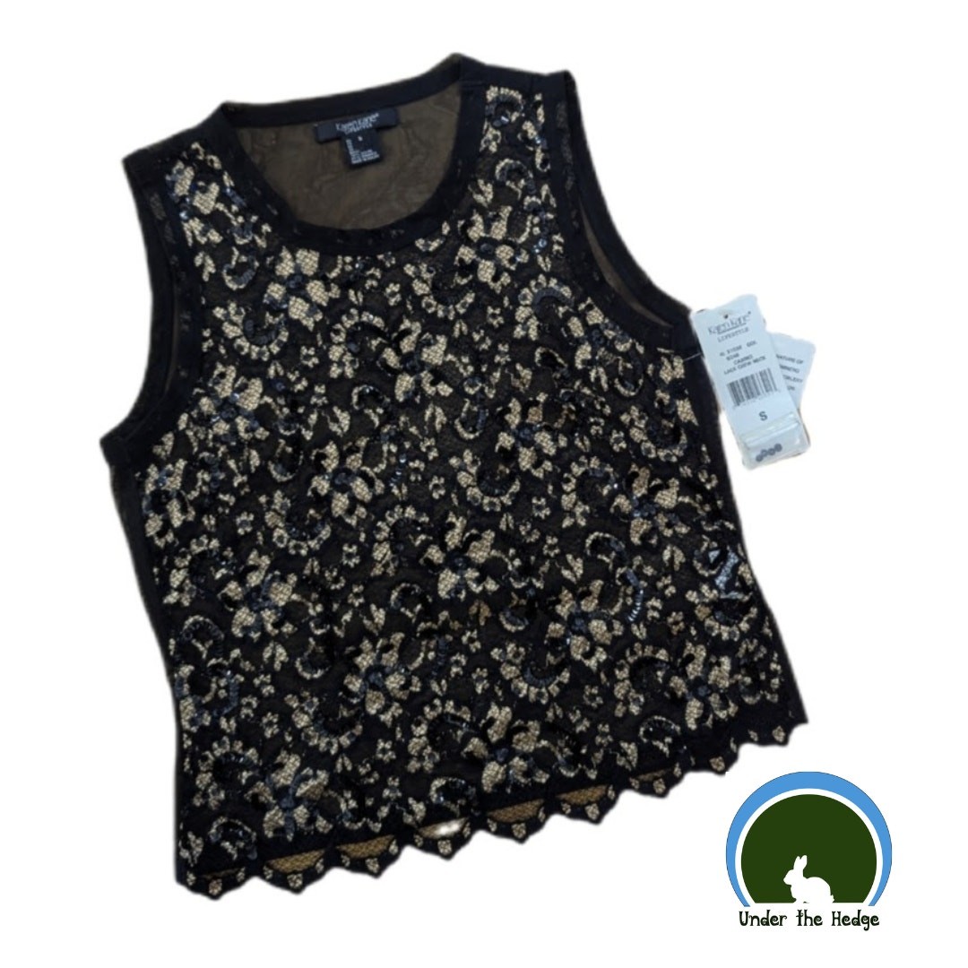 NWT Karen Kane Black Gold Sequin Stretch Mesh Top Sz Small Goth Glam Evening