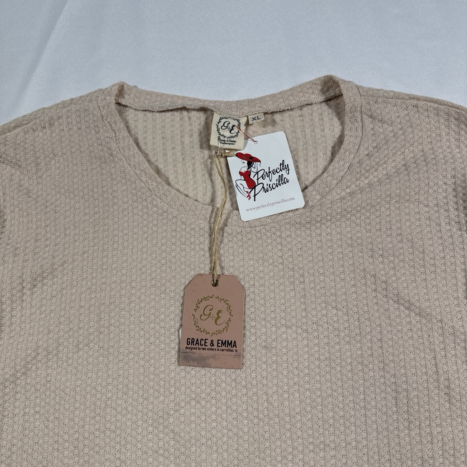 Grace & Emma Perfectly Priscilla Waffle Knit Lace Sleeve Blouse XL NWT