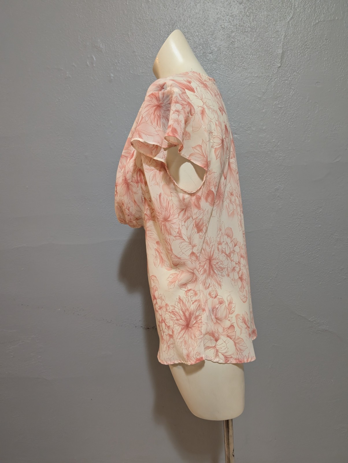 Vintage Cottage Core Top L Flower Print Pink White Deep Scoop Neck Flutter Fairy