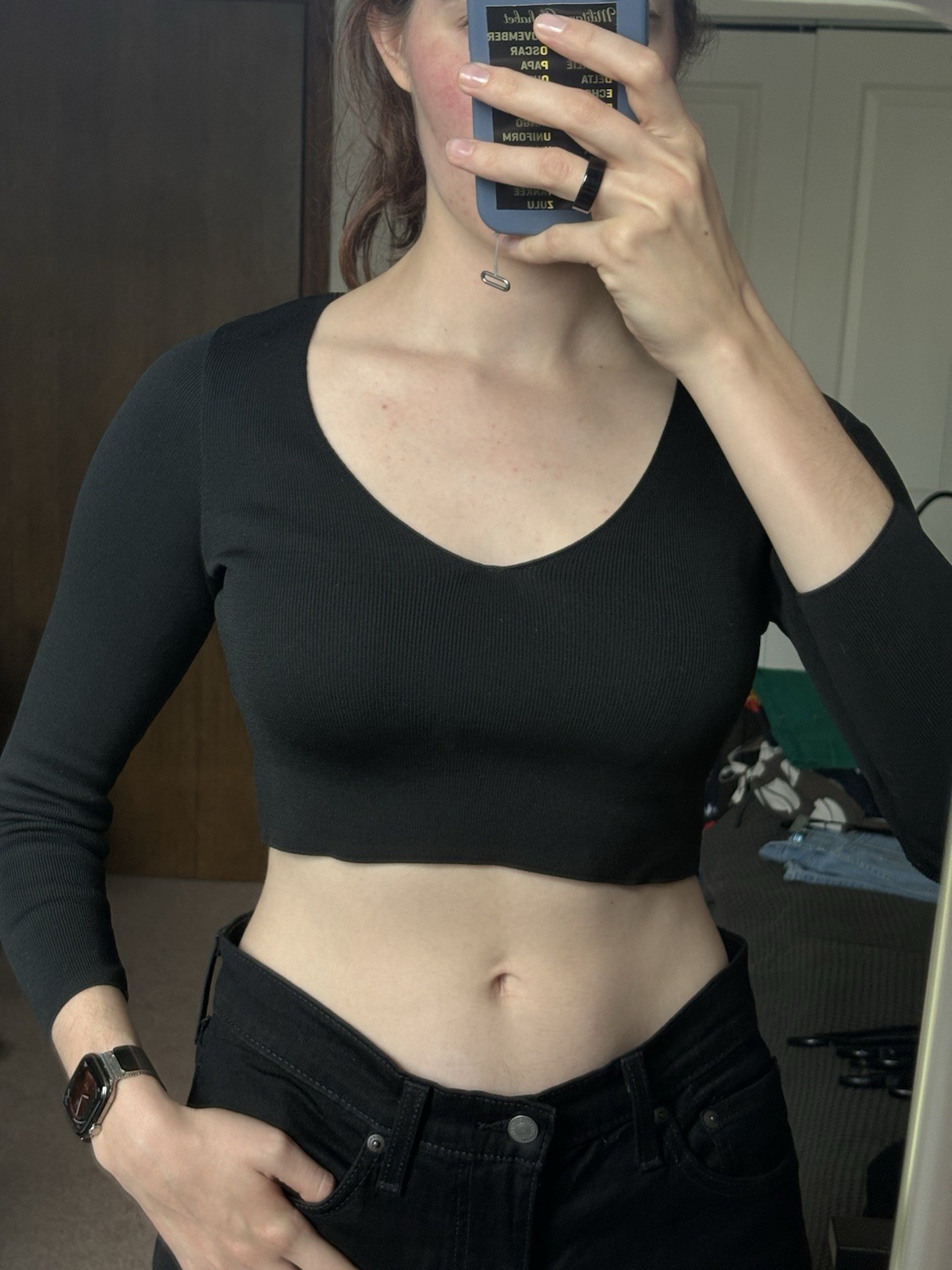 Stradivarius Black Long Sleeve Crop Top XS – Ribbed V Neck Fitted Stretch Top