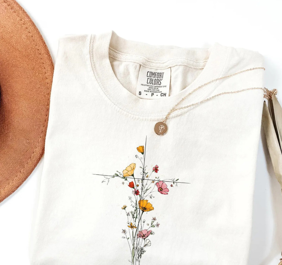 Floral Cross Tee Wildflower Christian Shirt Bible Verse Jesus Faith Top for Wome