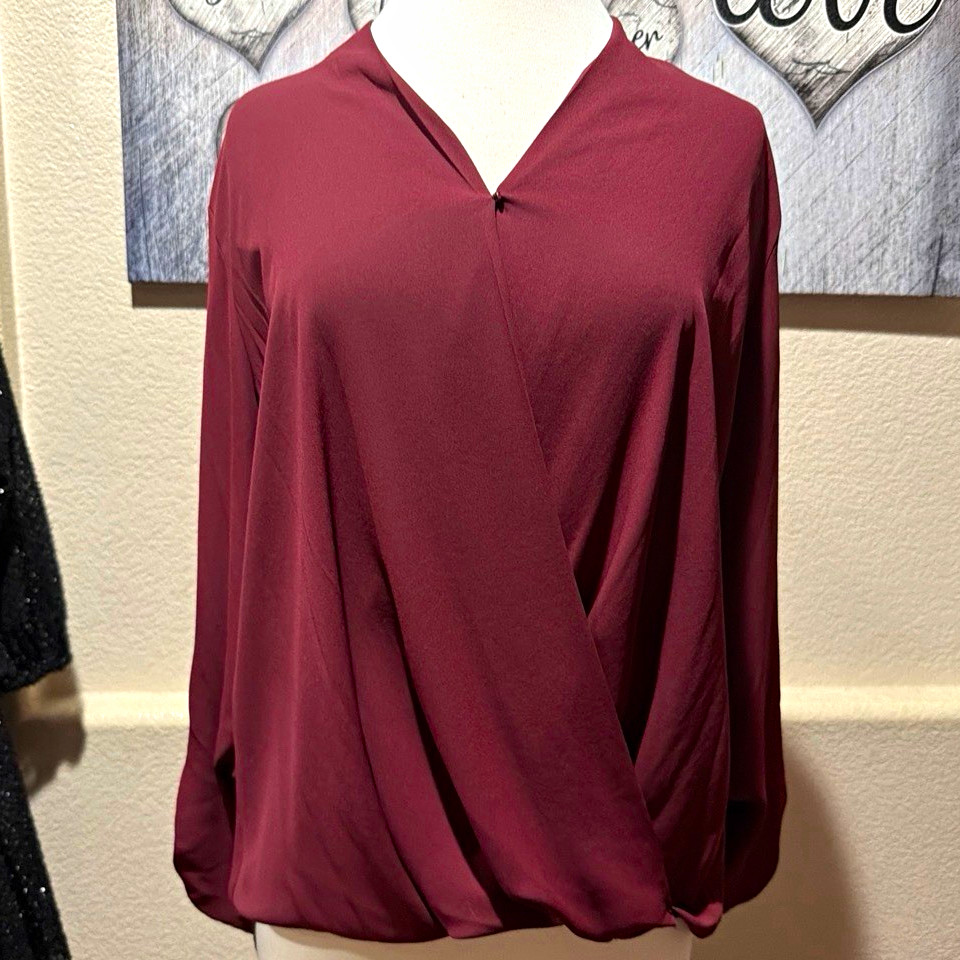 Pleione Burgundy Solid V-Neck Wrap Front Long Sleeve Pullover Blouse L