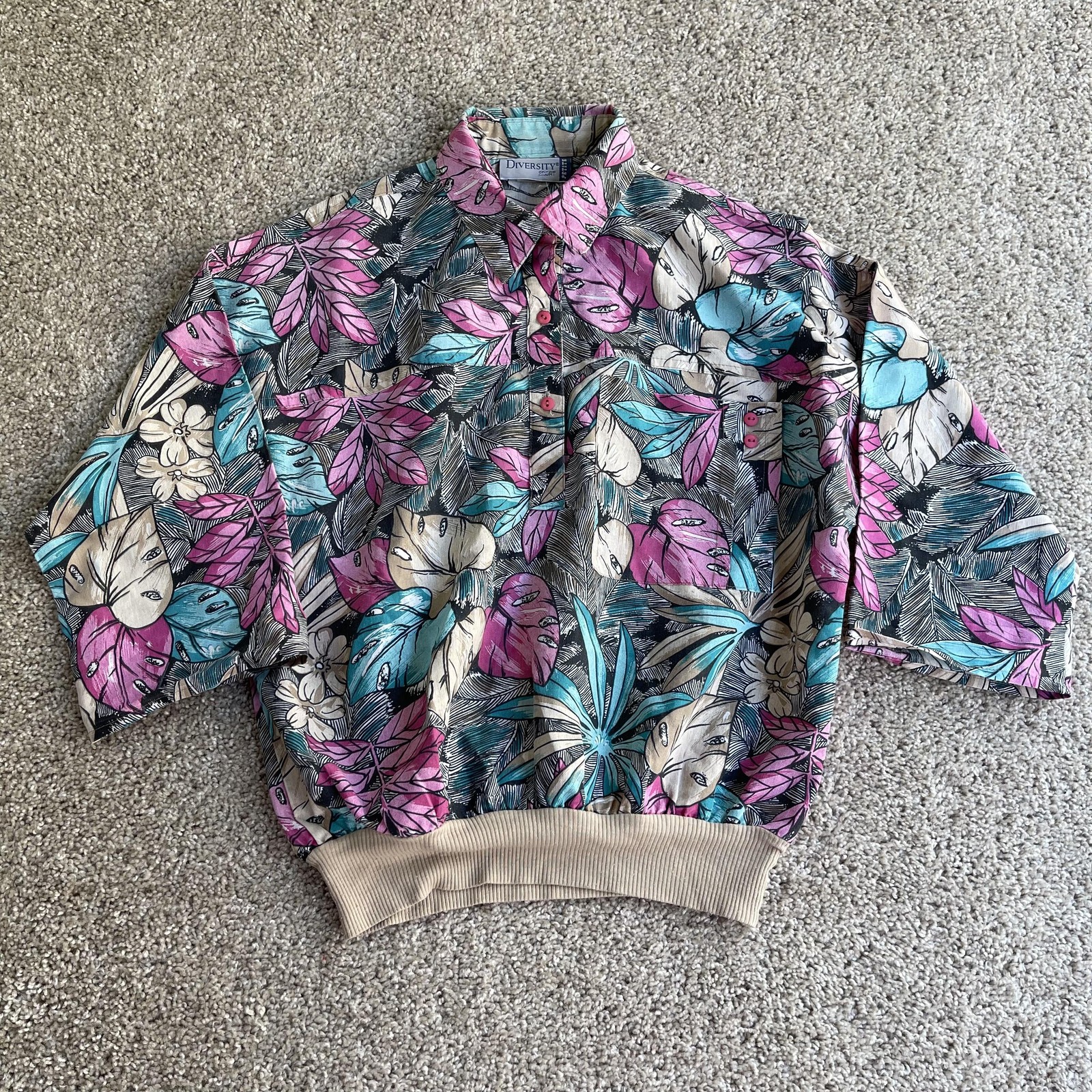 Vintage Diversity Sport Shirt Womens Petite Medium Multicolor Tropical Floral