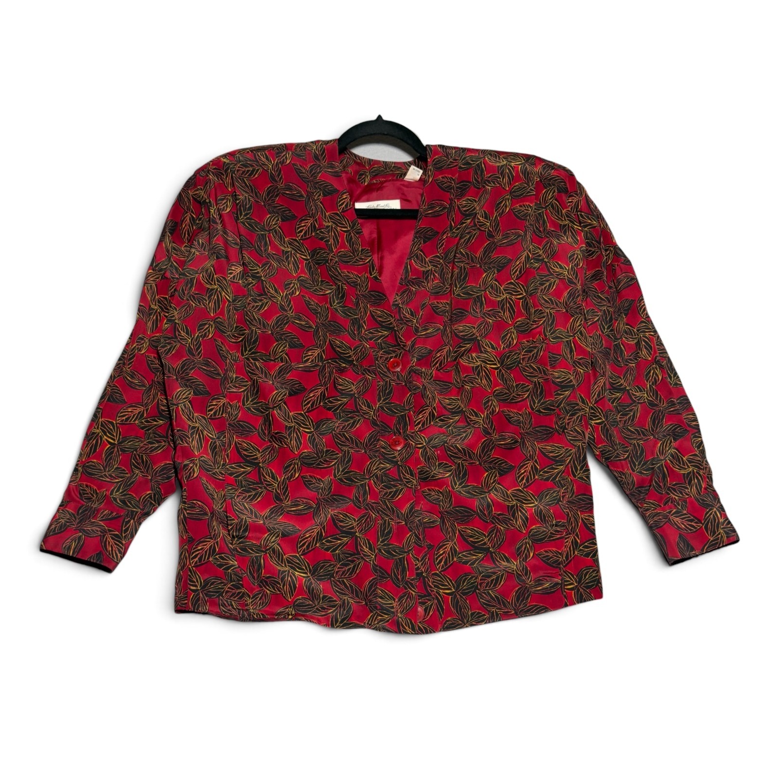 Vintage Ellen Tracy Red Silk Leaf Print Blouse Size Small