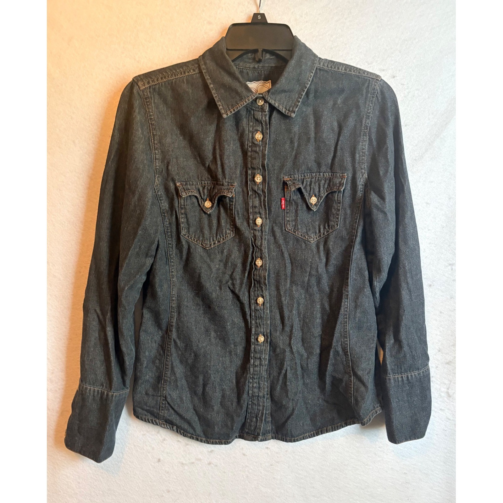 Levis Red Tab Womens Medium Dark Wash Denim Western Button Up Shirt Cotton