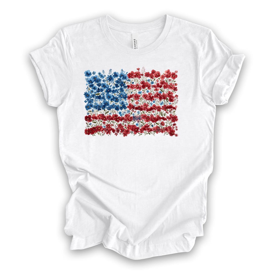 Floral American Flag Shirt: Patriotic USA Design – Bella Canvas Unisex Tee