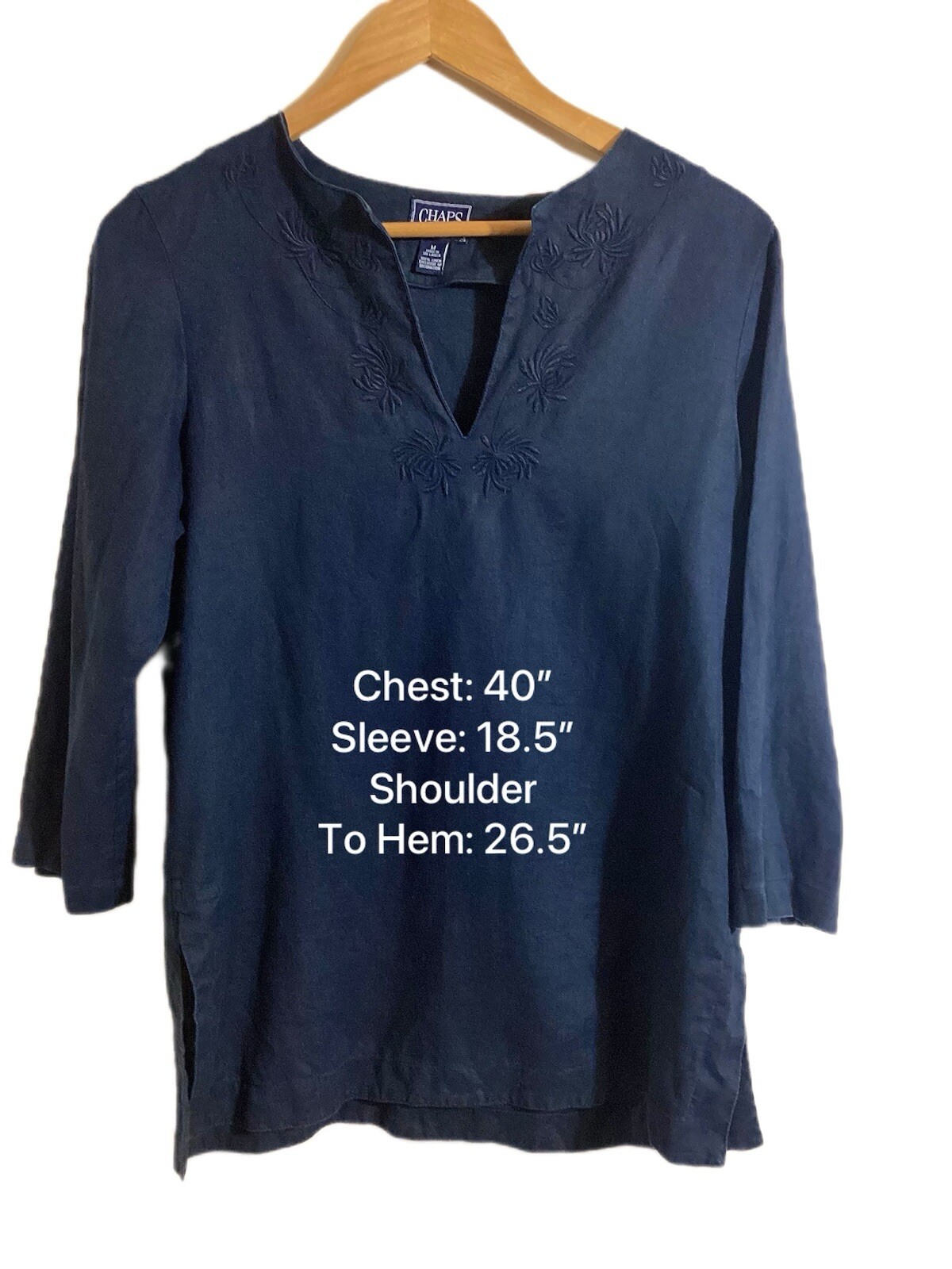 Chaps Classic Linen Tunic Top Size M Navy Embroidered Boho Neutral Resortwear