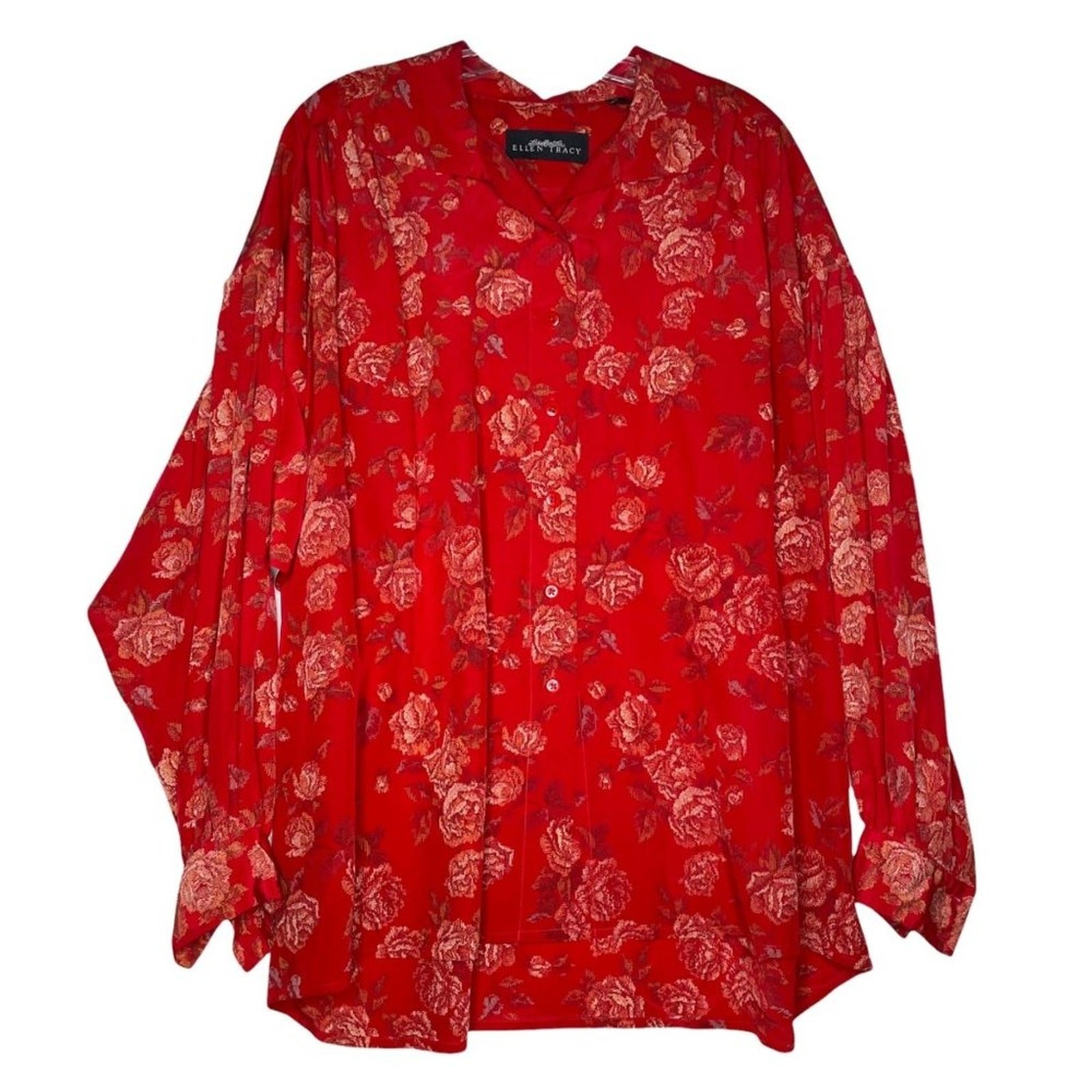 Linda Allard Ellen Tracy Red Silk Floral Rose Button Down Blouse Shirt Medium