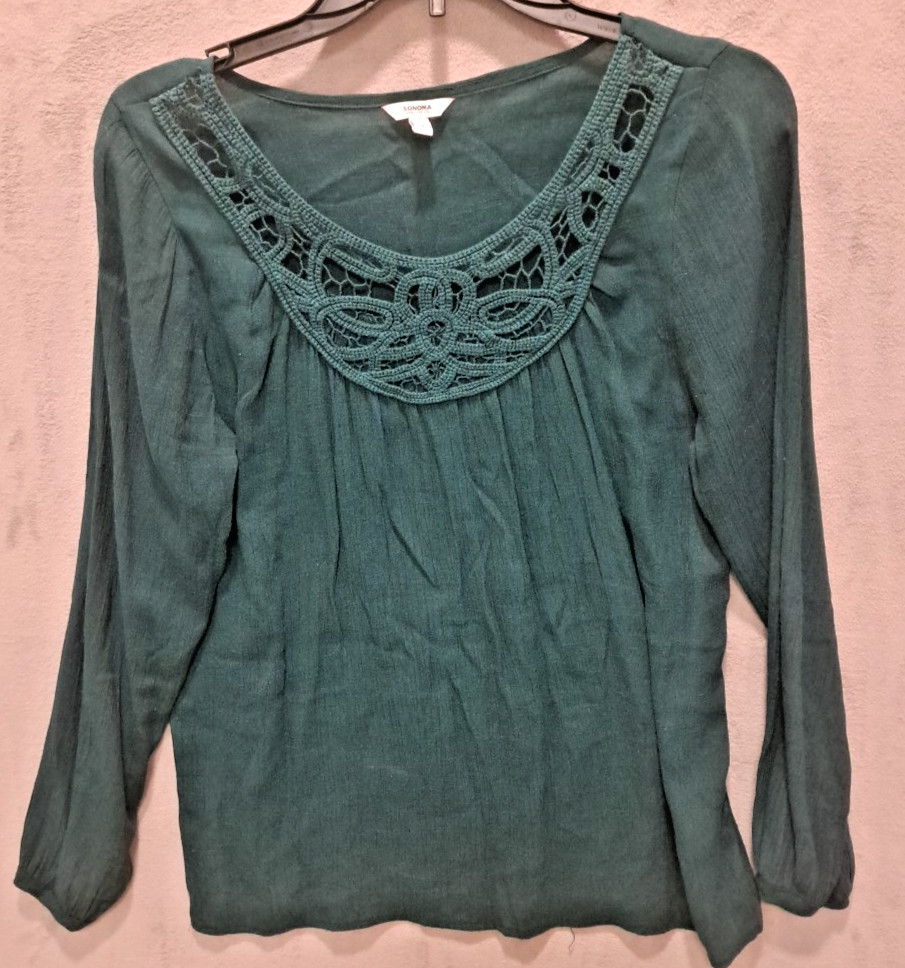 Sonoma Top Womens Size Small Jade Green Knit Long Sleeve Cutwork Embroidery