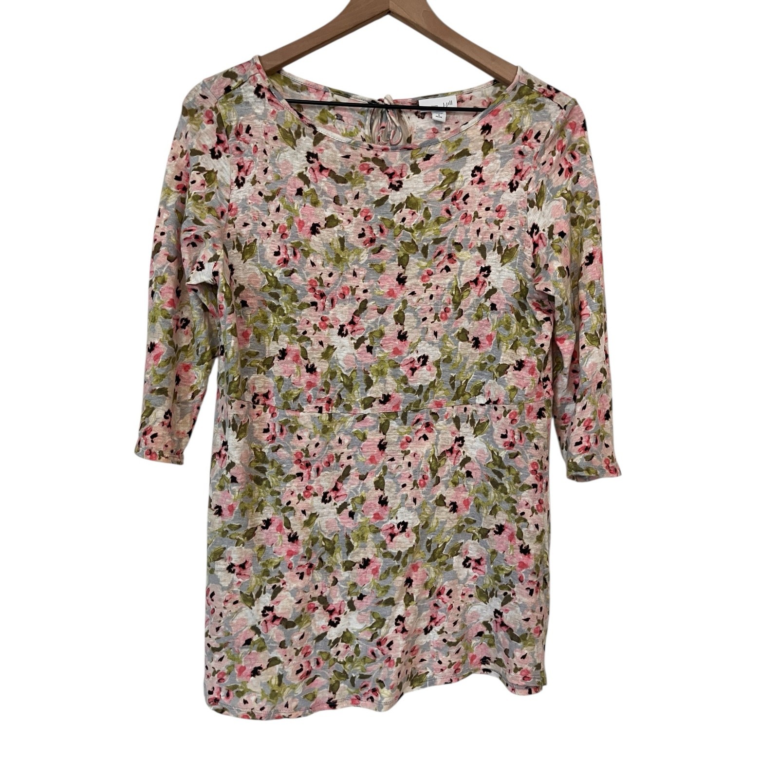 J JIll Love Linen 1005 Linen Floral 3/4 Sleeve Tunic Blouse Size Small Petite