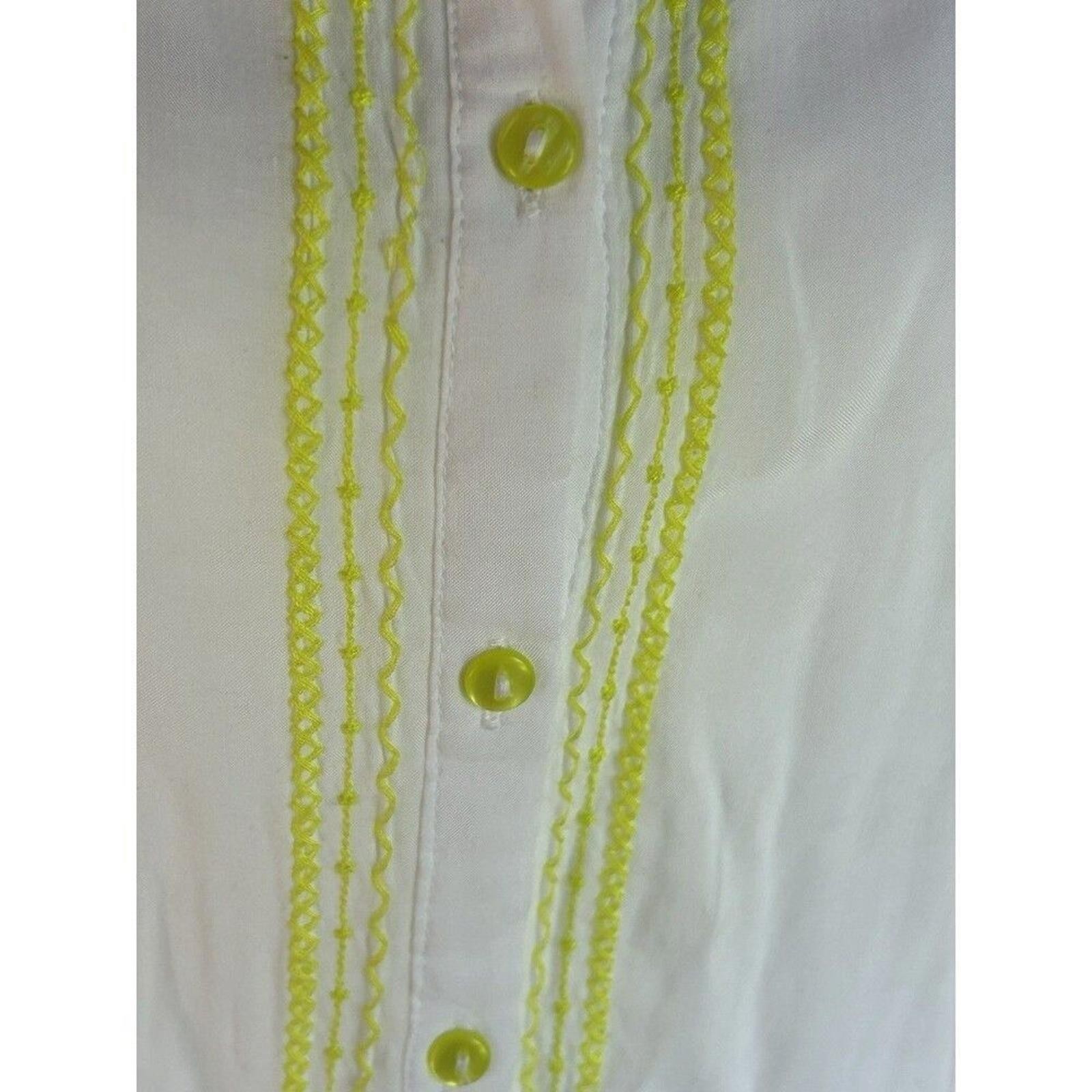 White Cotton Blouse with Lime Neon Embroidery & Buttons Cottagecore Boho Y2K