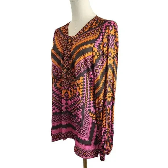 Hale Bob X-Small Multi Color Print All Viscose Blouse Long Sleeves Tie Placard