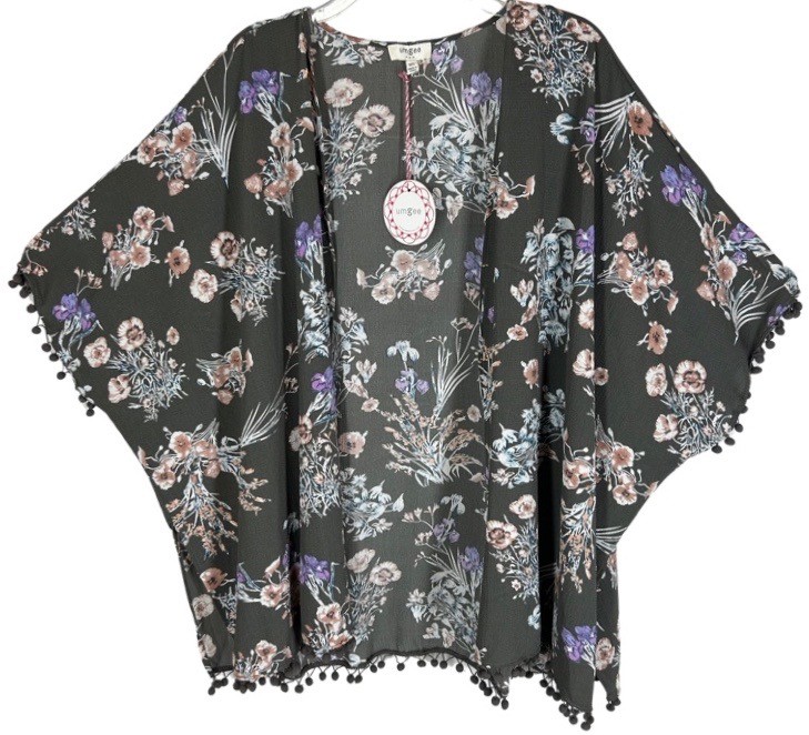 NEW Umgee Fringe Kimono Top M L Green Brown Pink Purple Blue Floral Pom Pom NWT