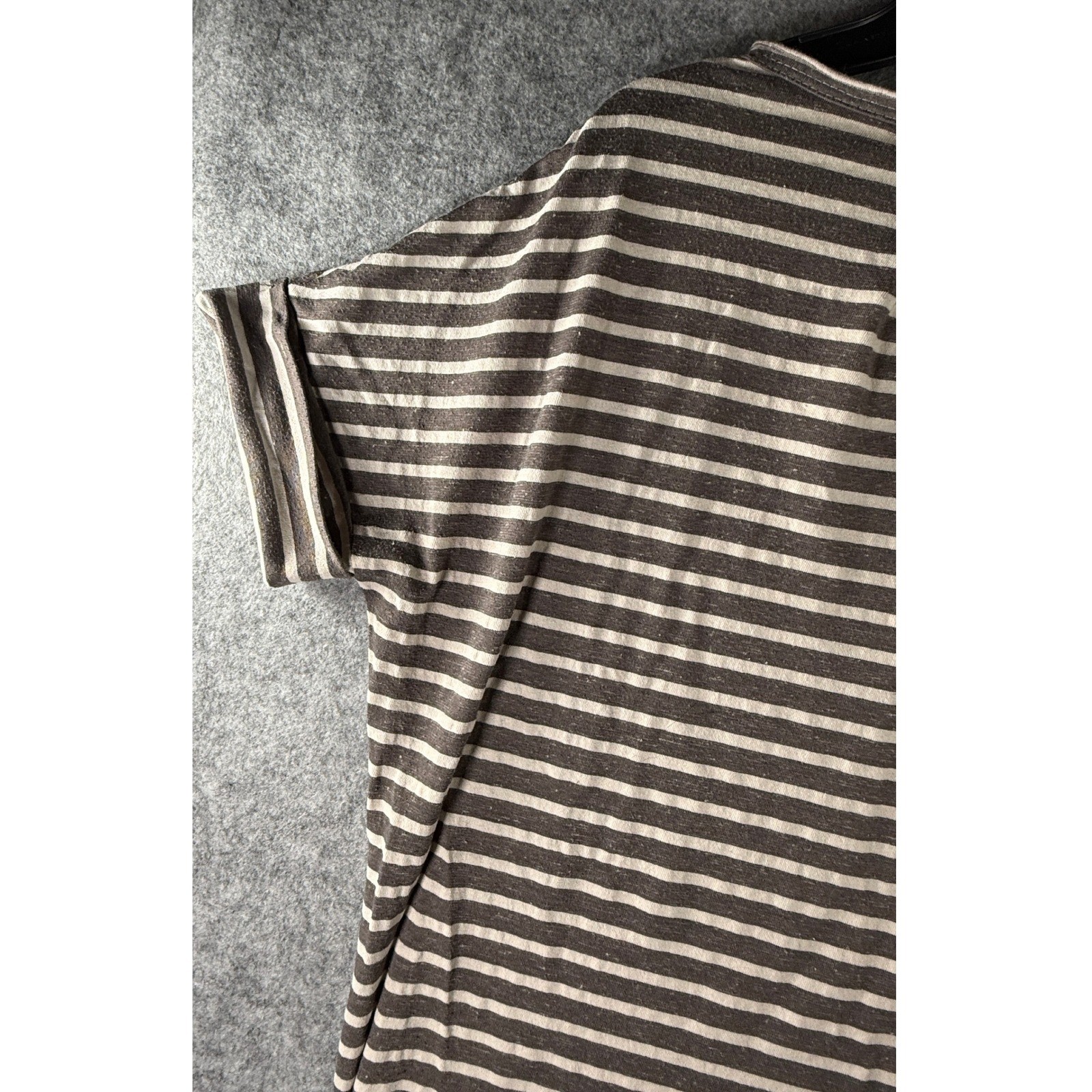 Grey and White Striped Short Sleeve Pocket Tee with Pleated Back and Curved Hem