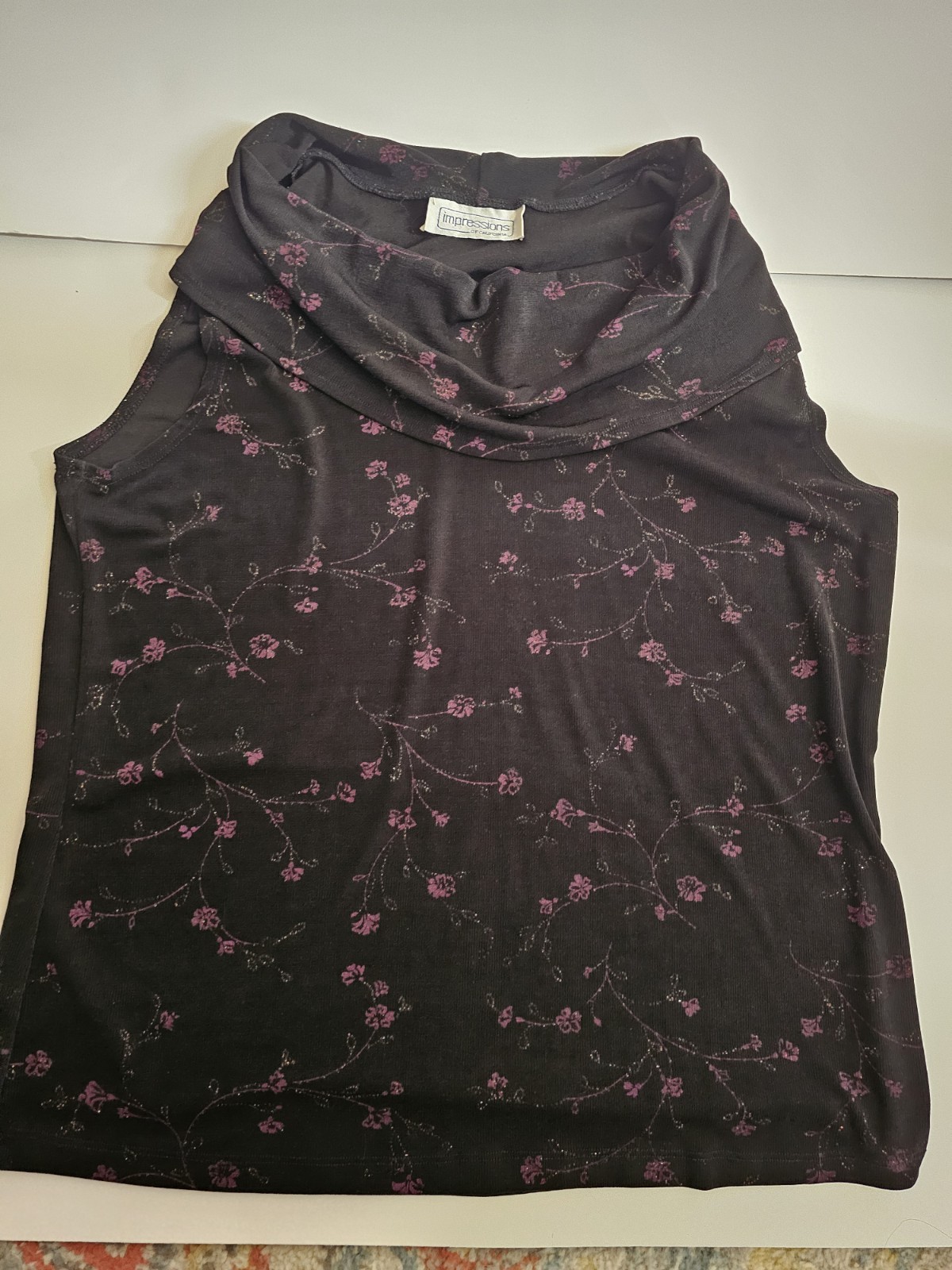 Impressions of California Cowl Neck Top Medium Black Purple Floral