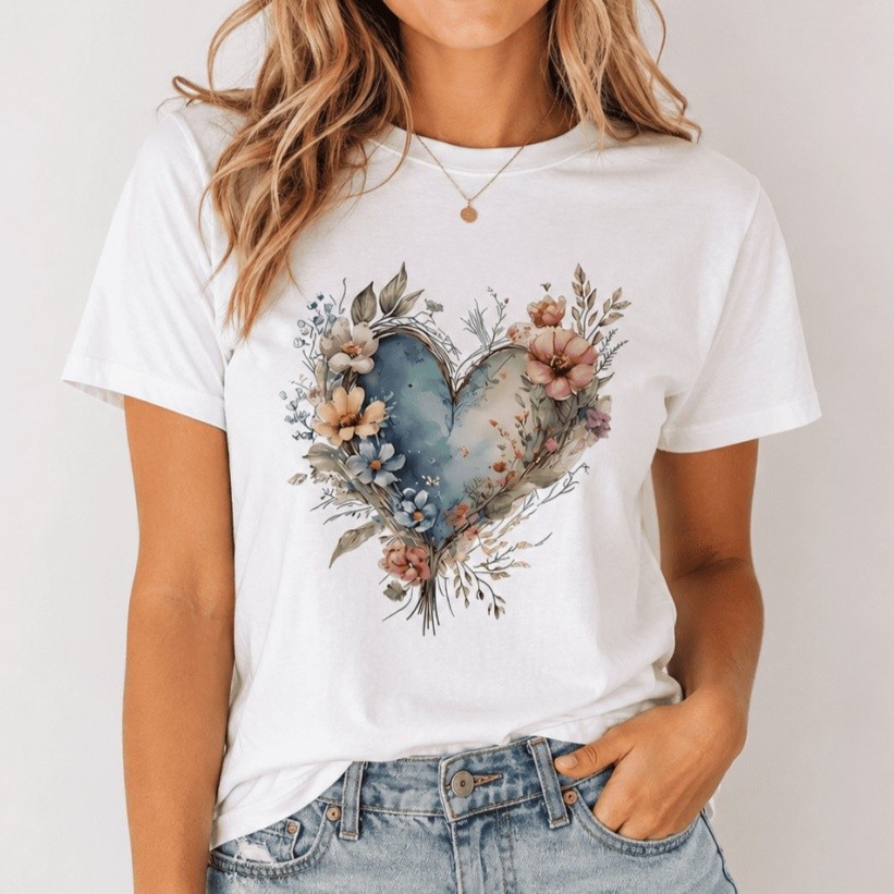 Watercolor Floral Heart Graphic Tee – Aesthetic Nature-Inspired Boho T-Shirt