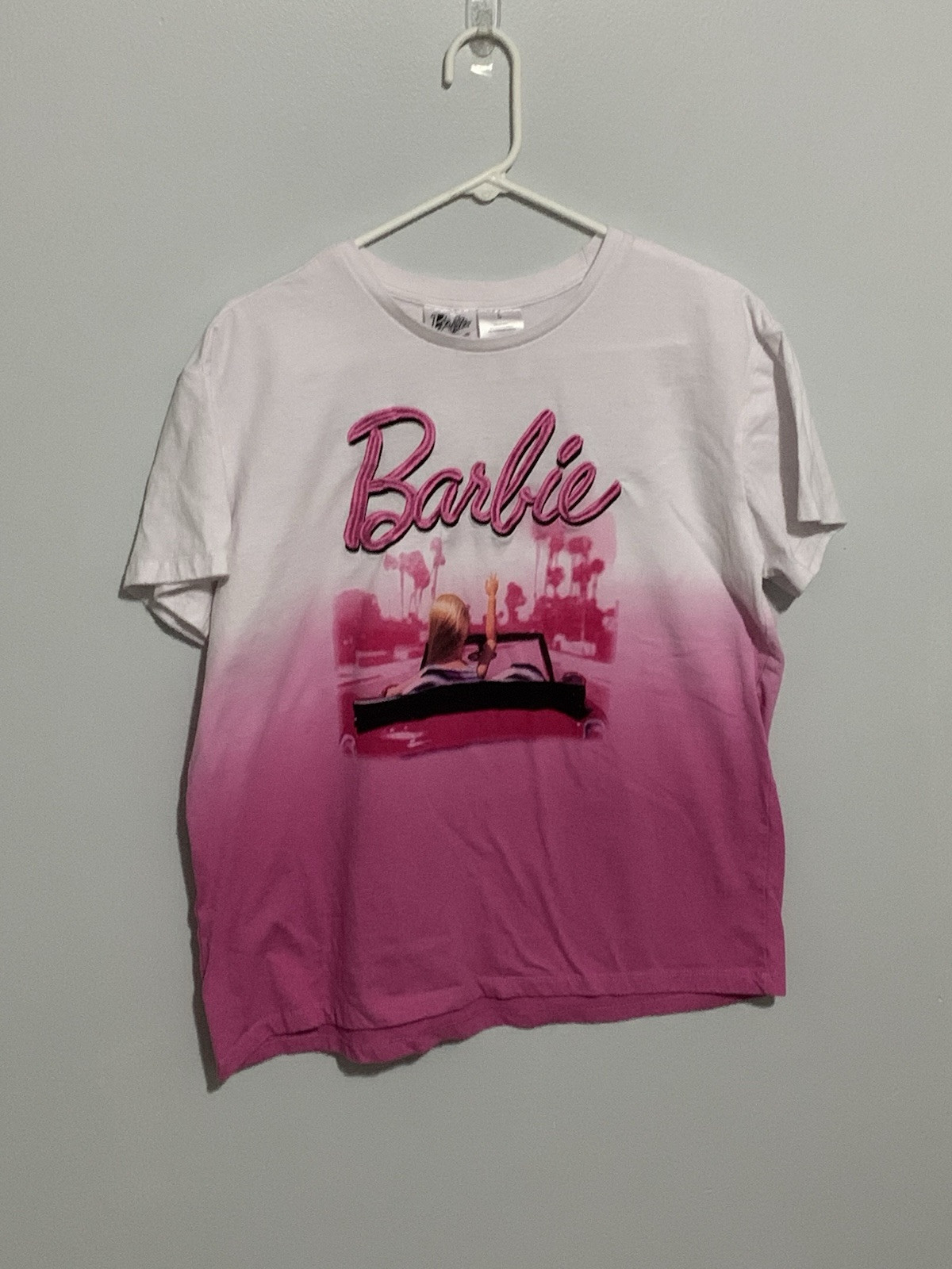 Barbie The Movie Tee Shirt Womens L Pink & White Ombre Embroidered Top