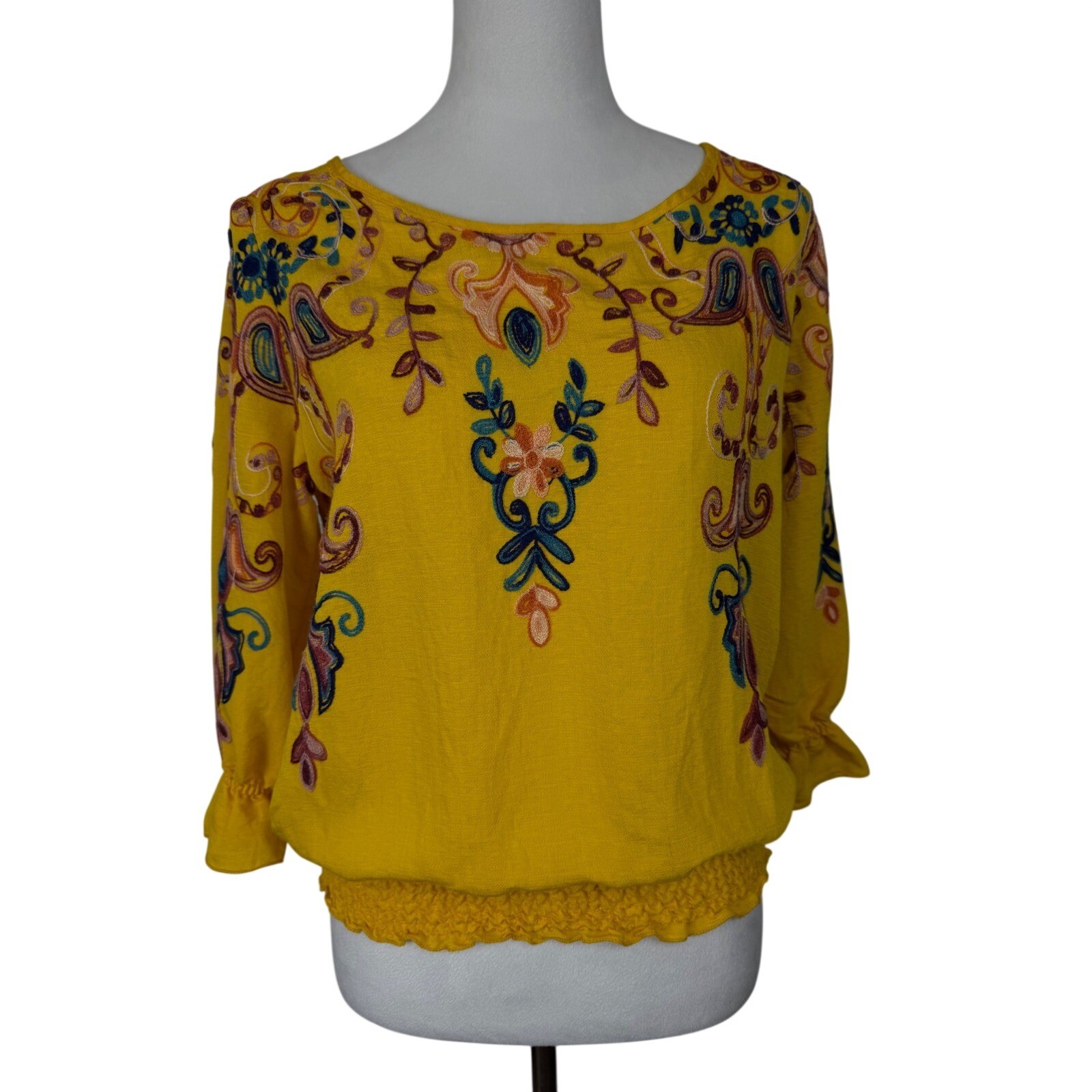 Sapphire Embroidered Blouse Womens S Yellow Boho Paisley Smocked Hem 3/4 Sleeve