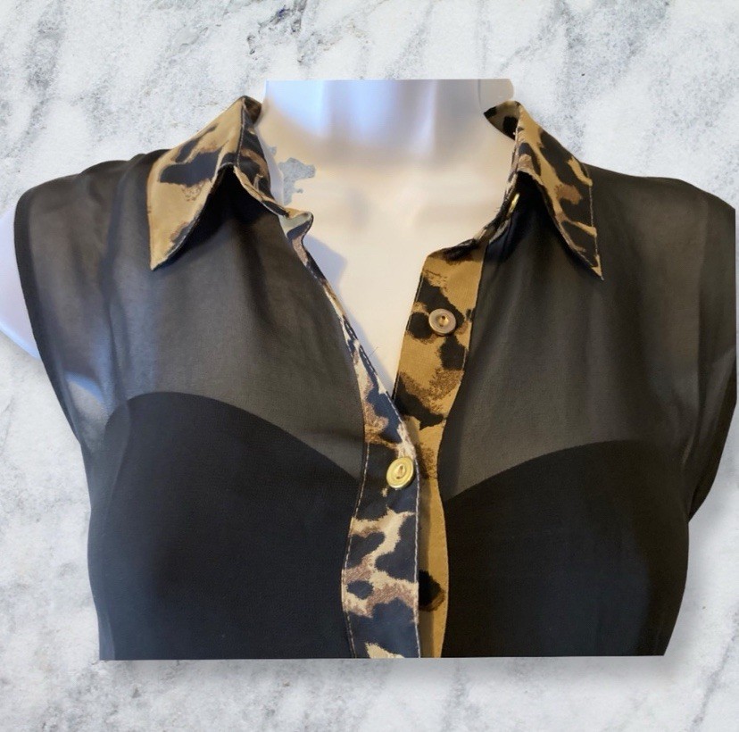 Edge Sheer Chiffon Collared Button-Up Blouse, M, Black/Beige Leopard Trim