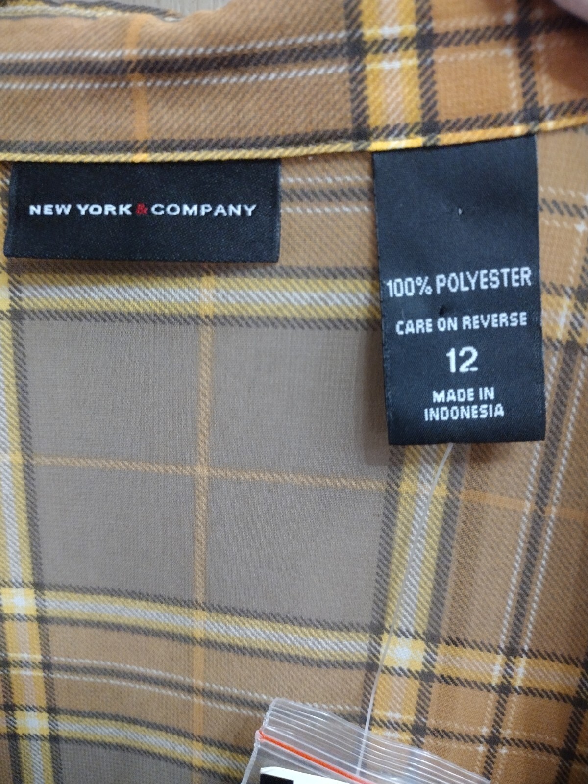New Sheer Blouse New York & Company Shirt Top Brown And Gold Plaid Size 12 NWT