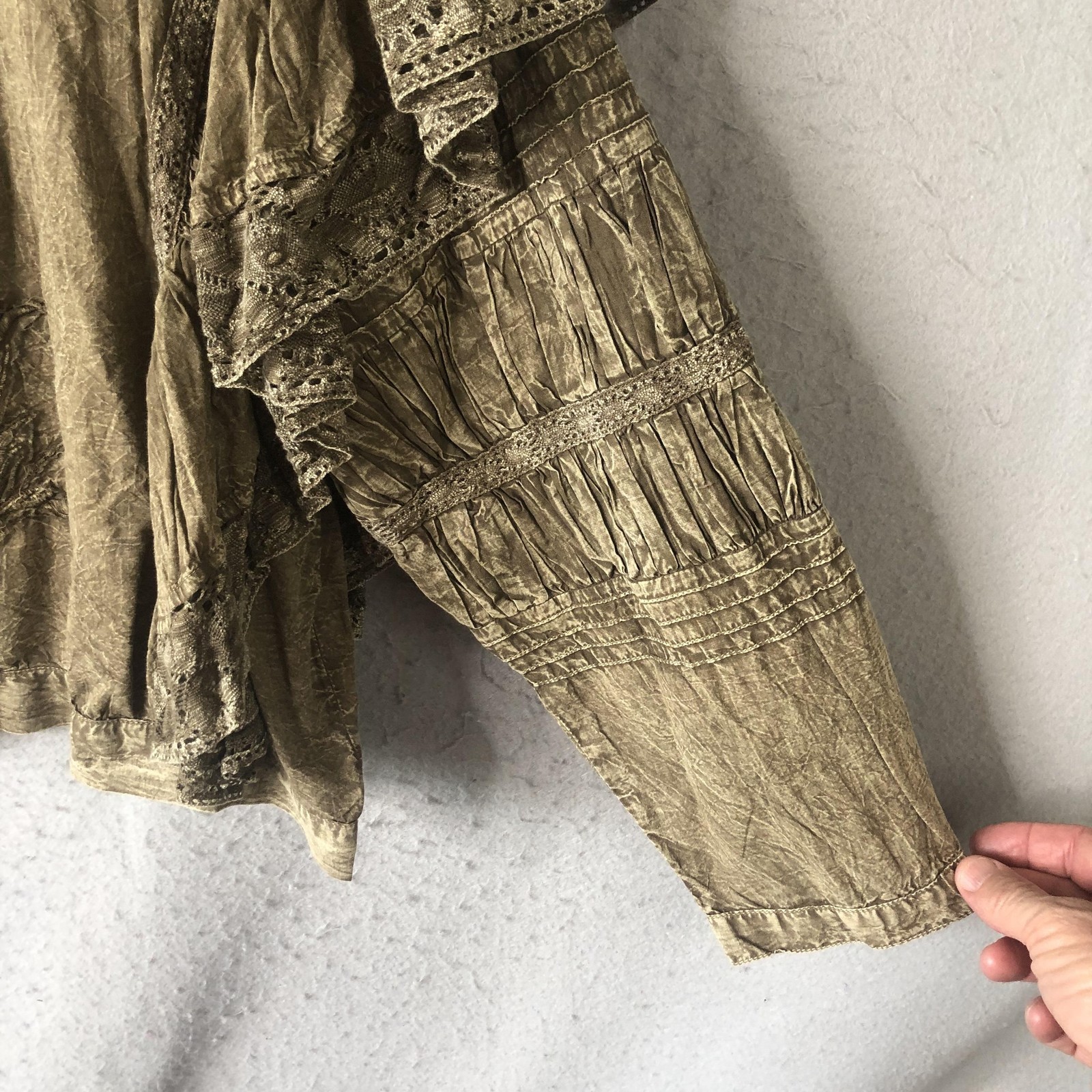 Paper Lace Blouse Womens 1XL Brown Embroidered Boho Festival Grunge Lagenlook