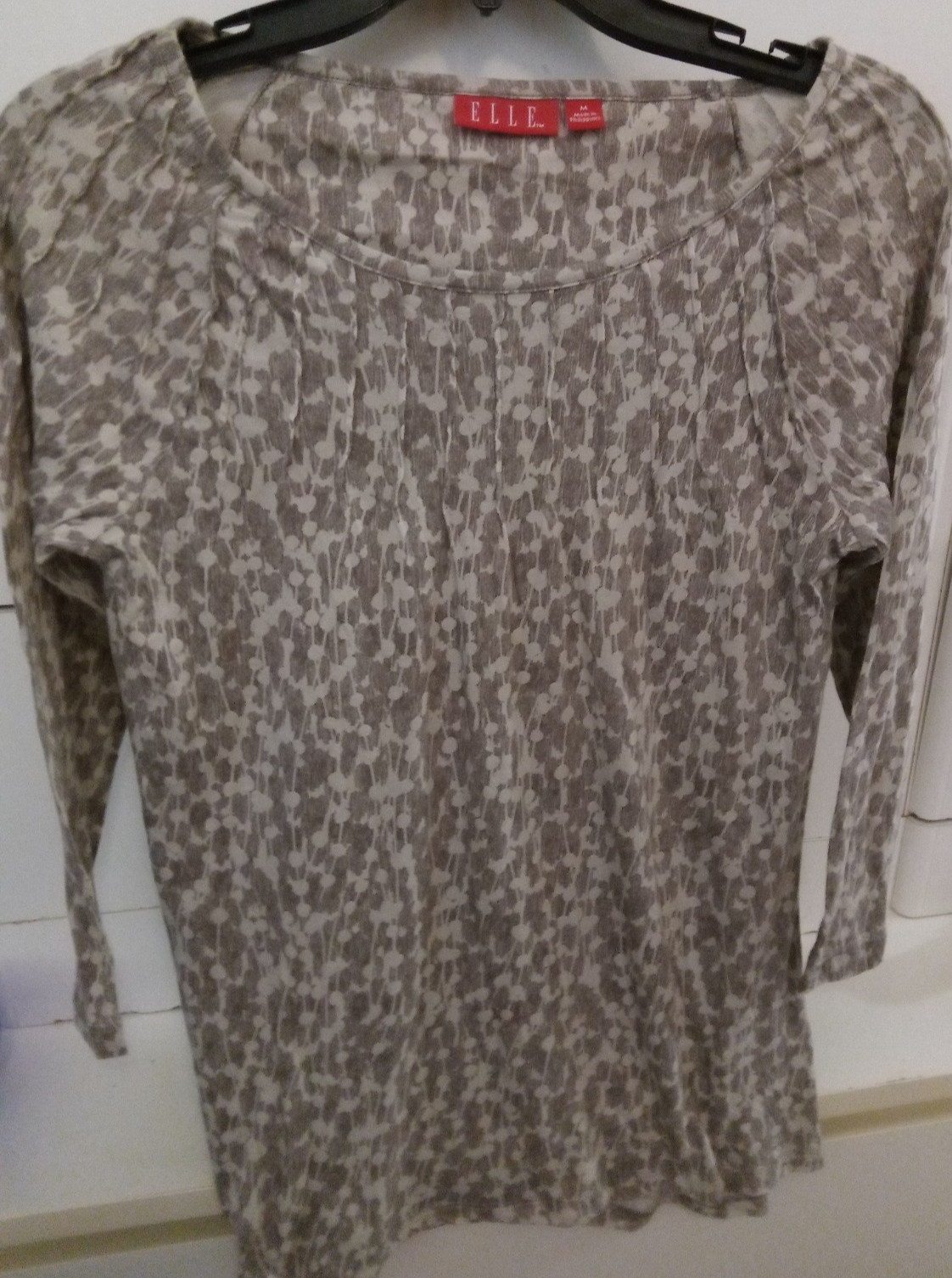 ELLE Beige Cream COTTON Blend Women Size Medium M 3/4 Sleeve Boat Neck Top