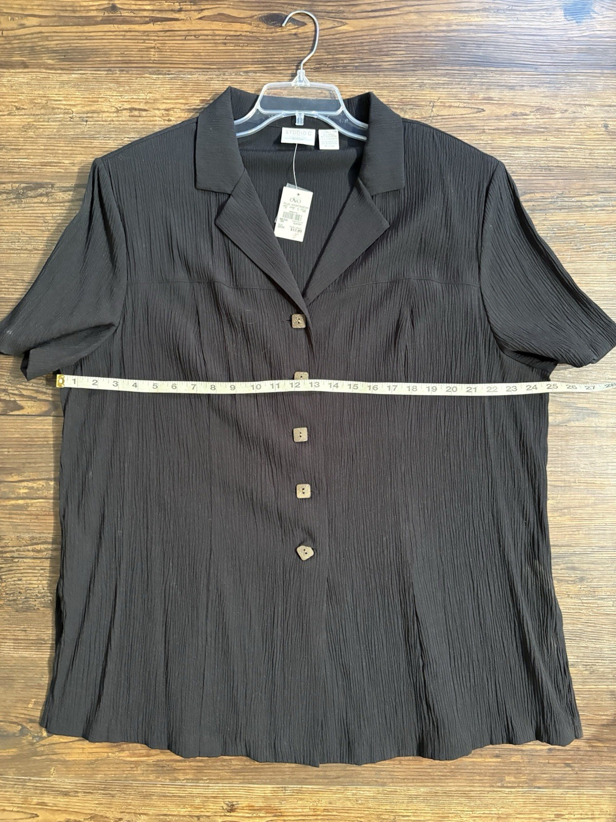 VTG Studio C Cato Black Crinkle Blouse Plus 22W 24W Notch Lapel Camp Shirt NWT