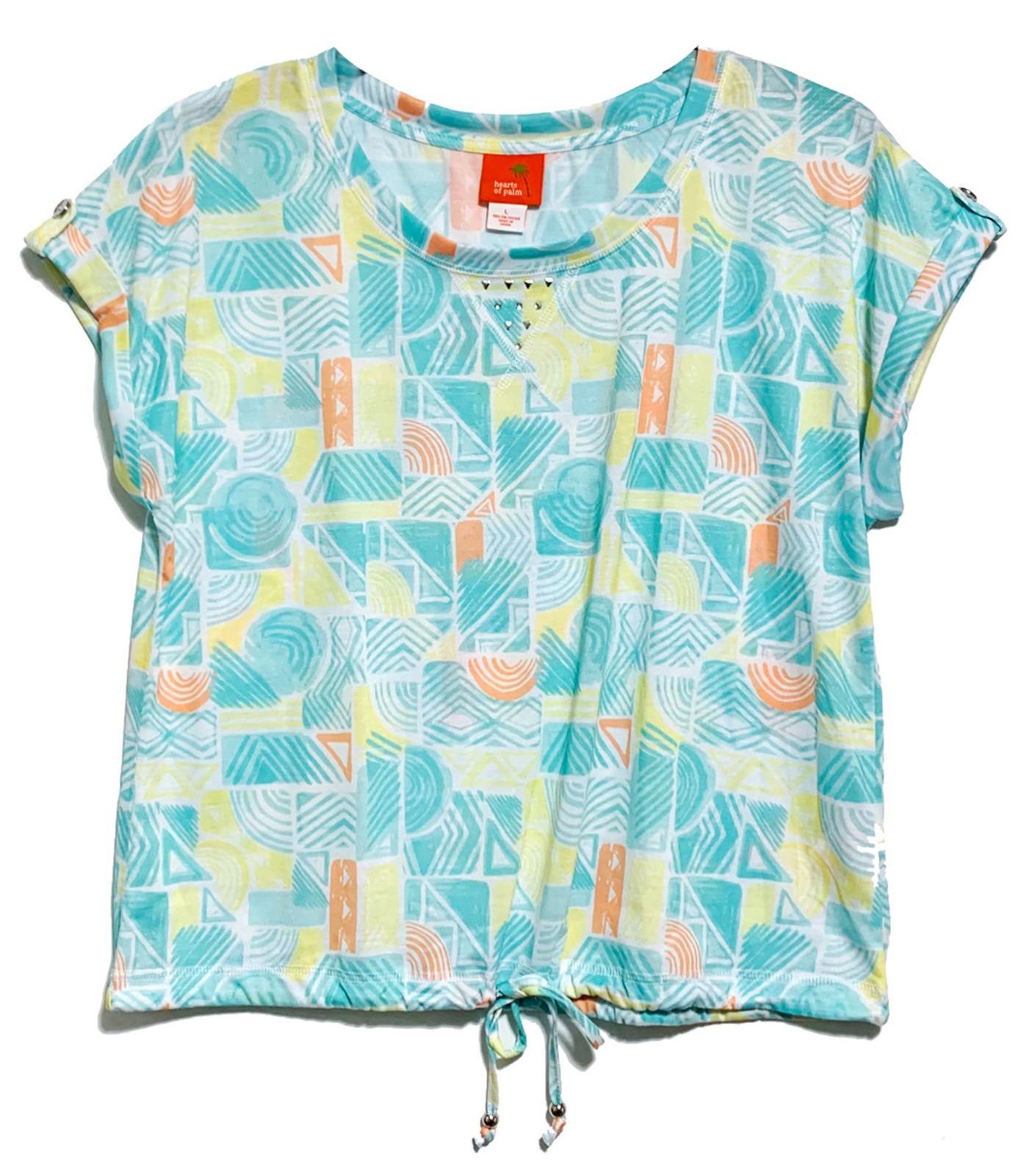 Hearts of Palm Aqua Yellow Coral White Pastel Print Cap Sleeve Top size L