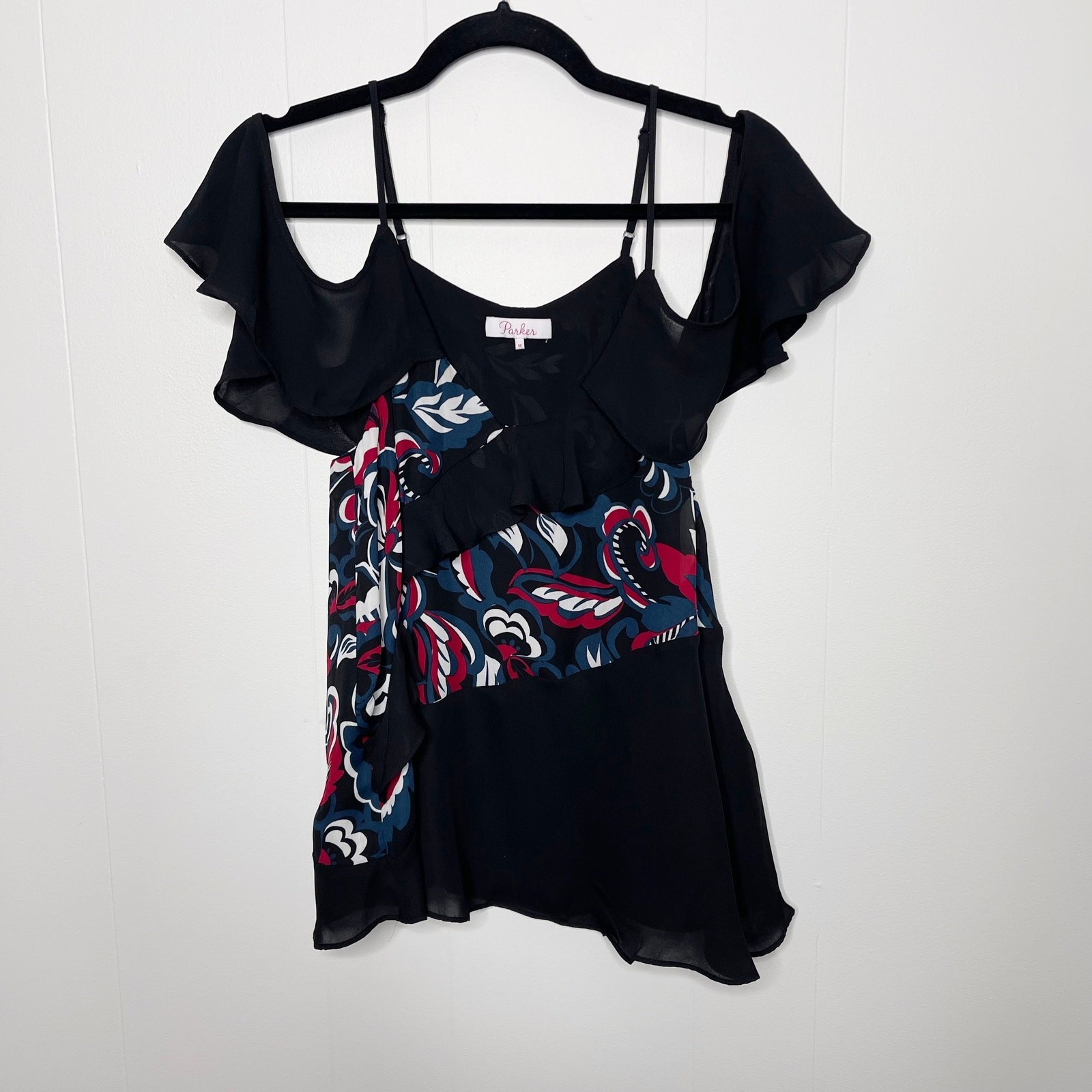 Parker Draped Sleeve Blouse Cold Shoulder Ruffle Pieced Paisley Print Black M
