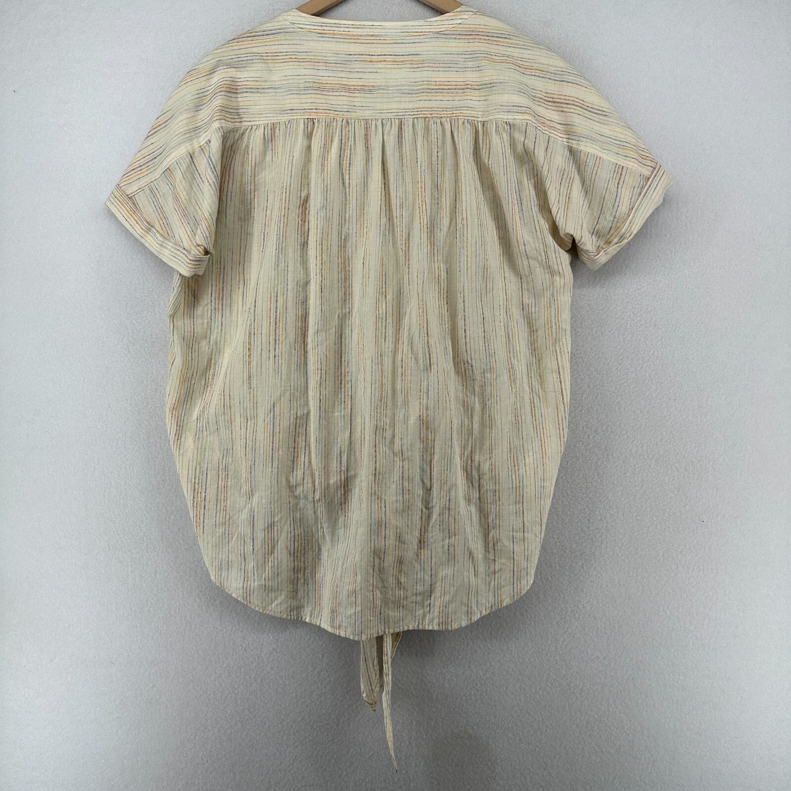LOU & GREY Top S Striped Ruched Button Up Knot Tie V-Neck Blouse Woven Yellow