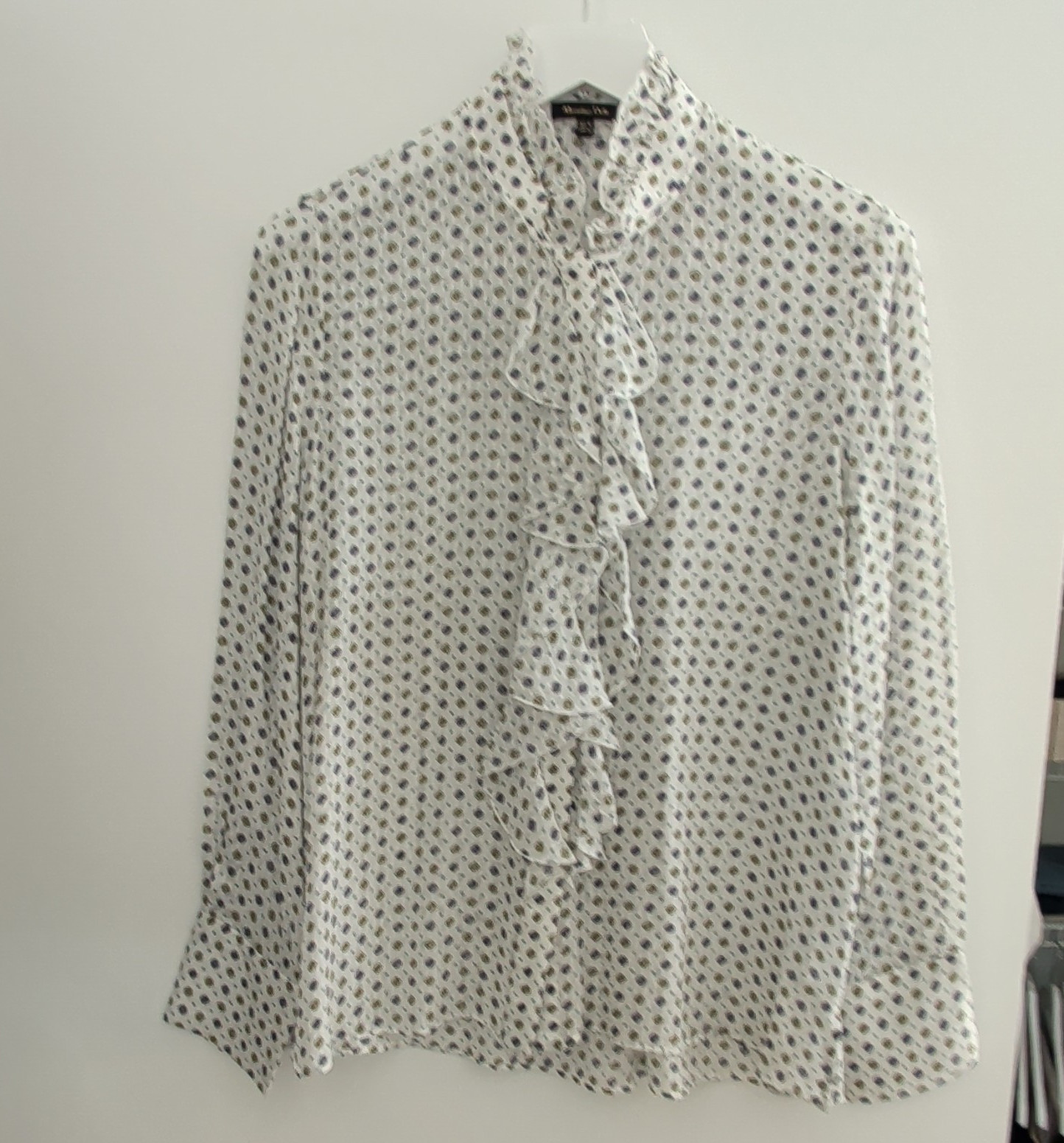 Massimo Dutti Women’s XS White Geometric Mock Neck Long Sleeve Ruffle Blouse