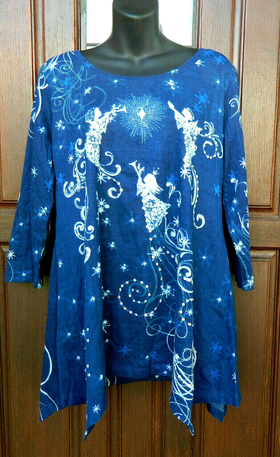 COLLECTIONS ETC. TUNIC BLUE SEQUIN SZ M 3/4 SLEEVE COTTON ANGELS SHARK BITE HEM