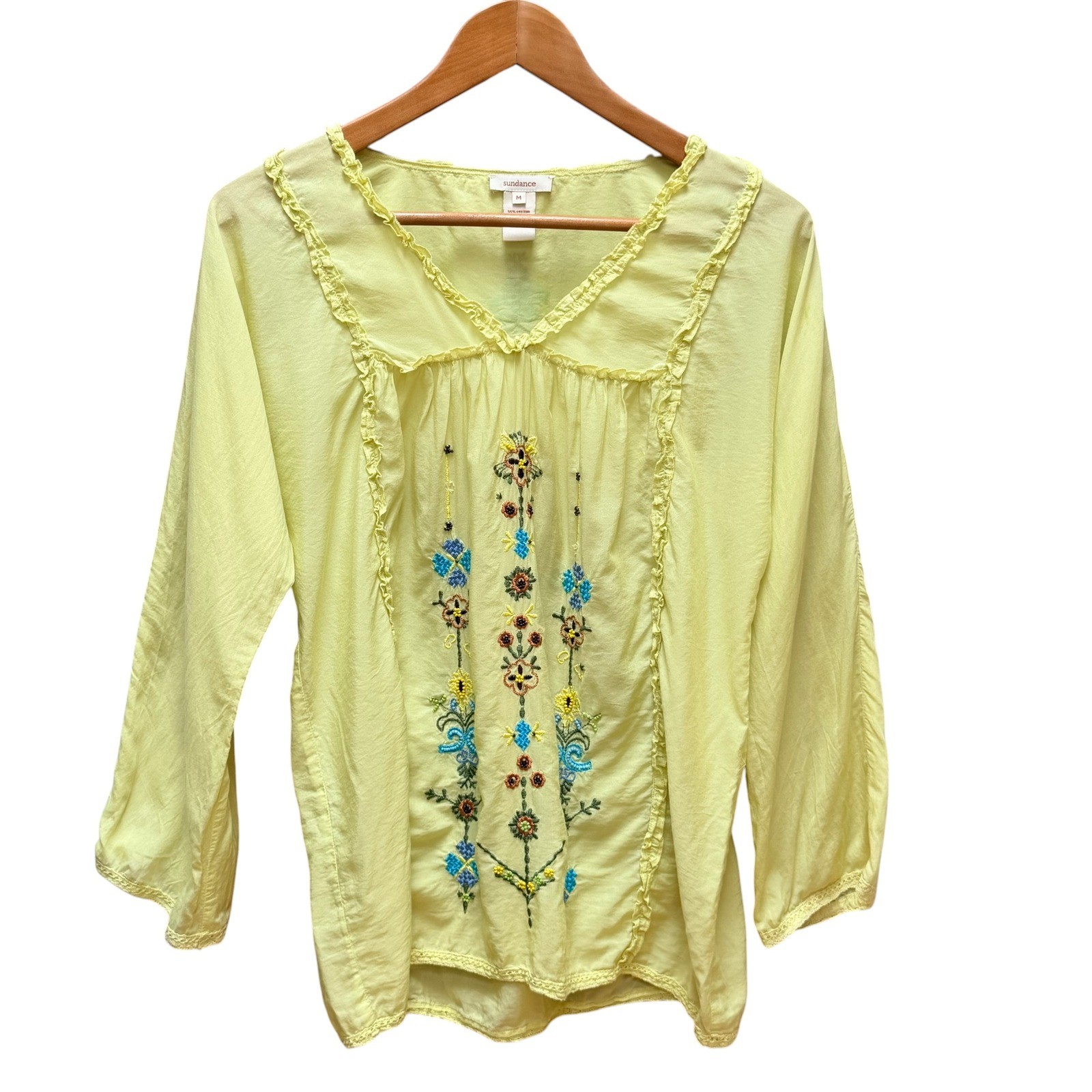 Sundance Blouse Women M Yellow Embroidered Floral Boho Beaded Ruffle Top