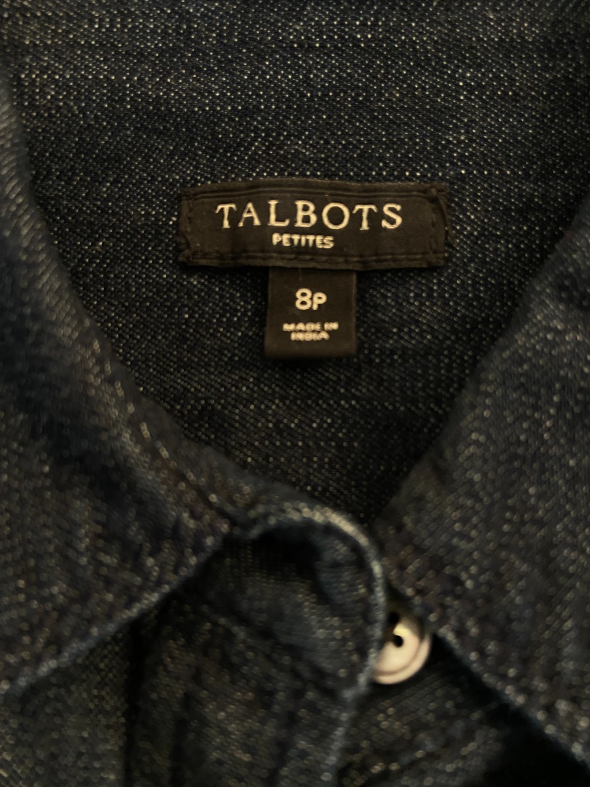Talbots Petites Denim Button Down Shirt Dark Wash Western Roll Tab Sleeve Sz 8P
