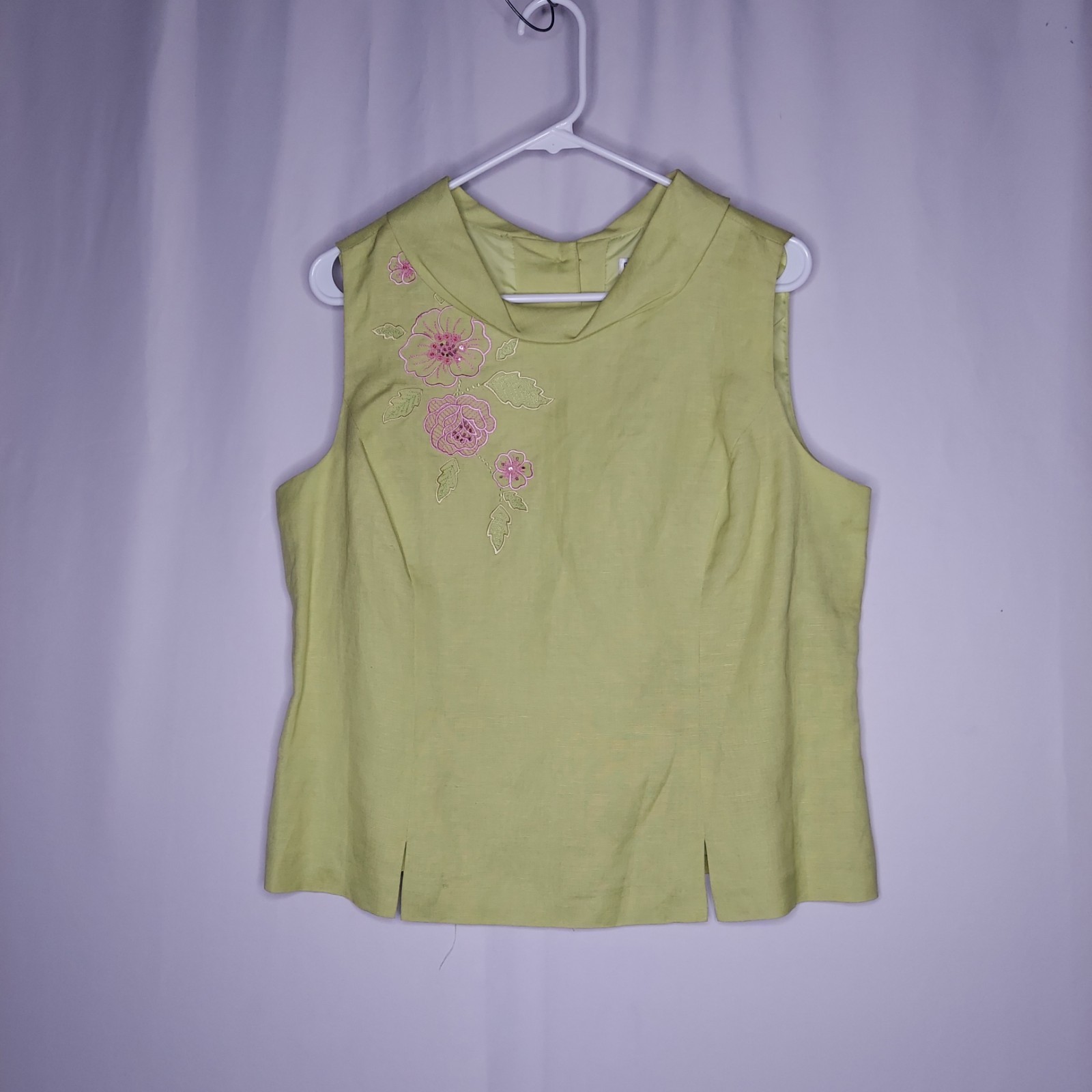 Plaza South Y2K Tank 14 Green Linen-Blend Embroidered Old Money Button-Back