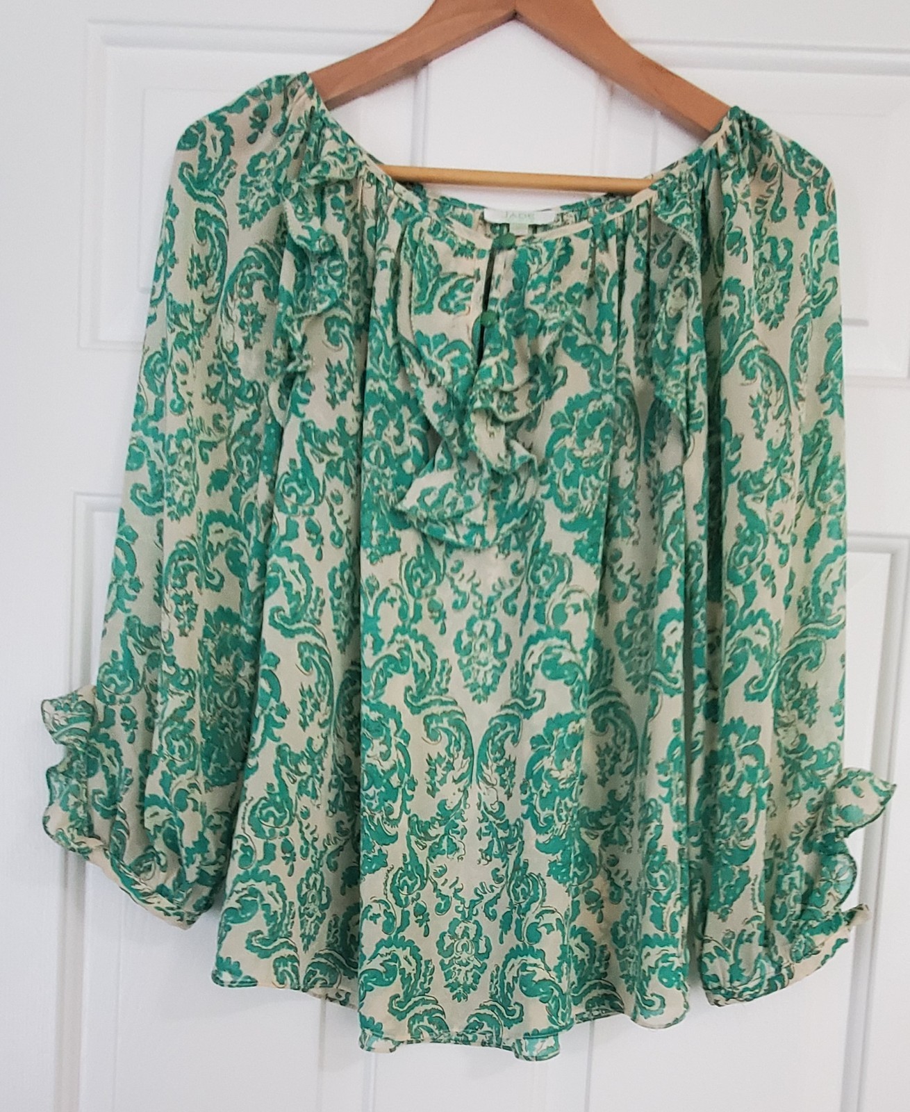 Jade Melody Tam Women’s Green Floral Long Sleeved Semi Sheer Blouse Size M
