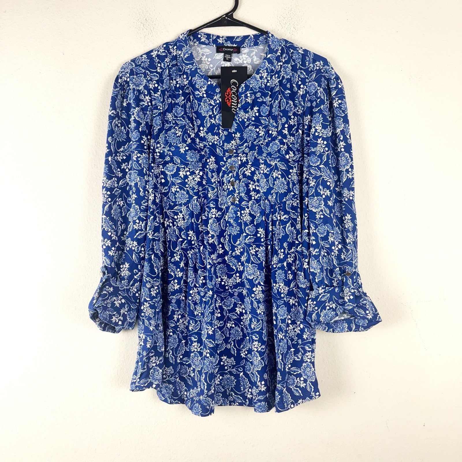 Cocomo Women’s Split V-Neck Floral Print Pleated Tunic Top Size XL Blue/White